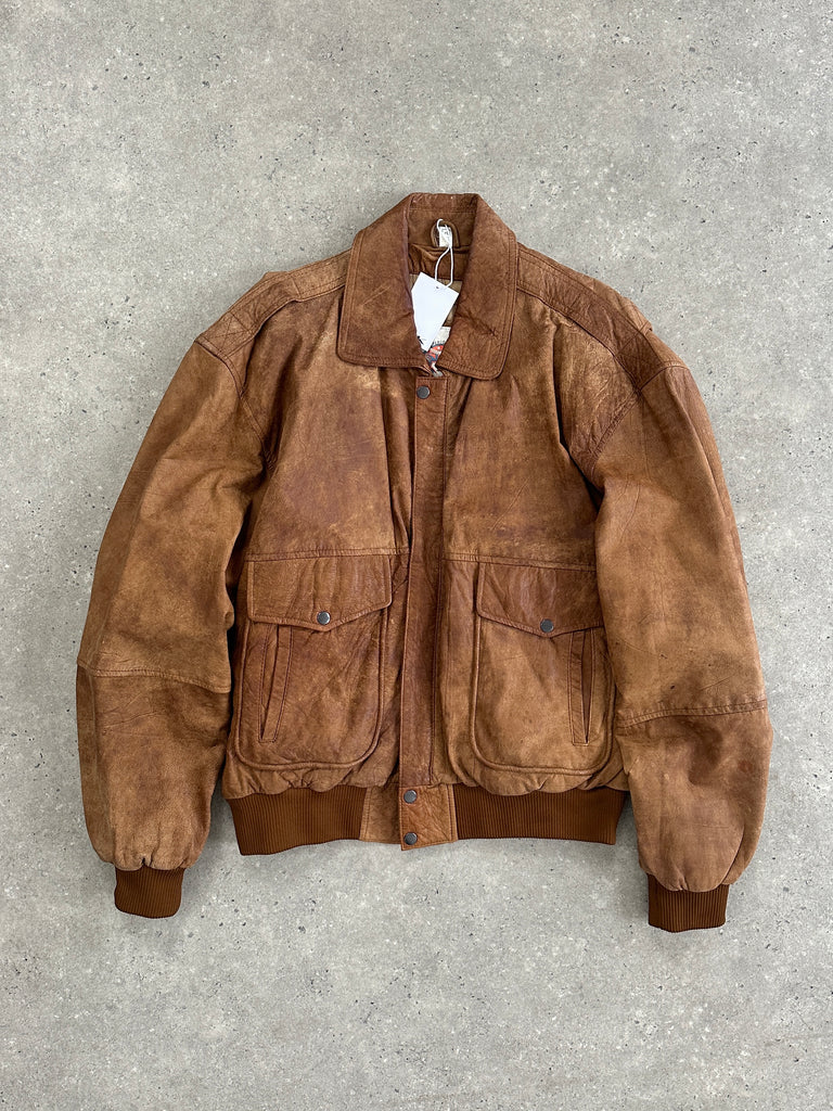 Vintage Aged Leather Bomber Jacket - XL - SYLK