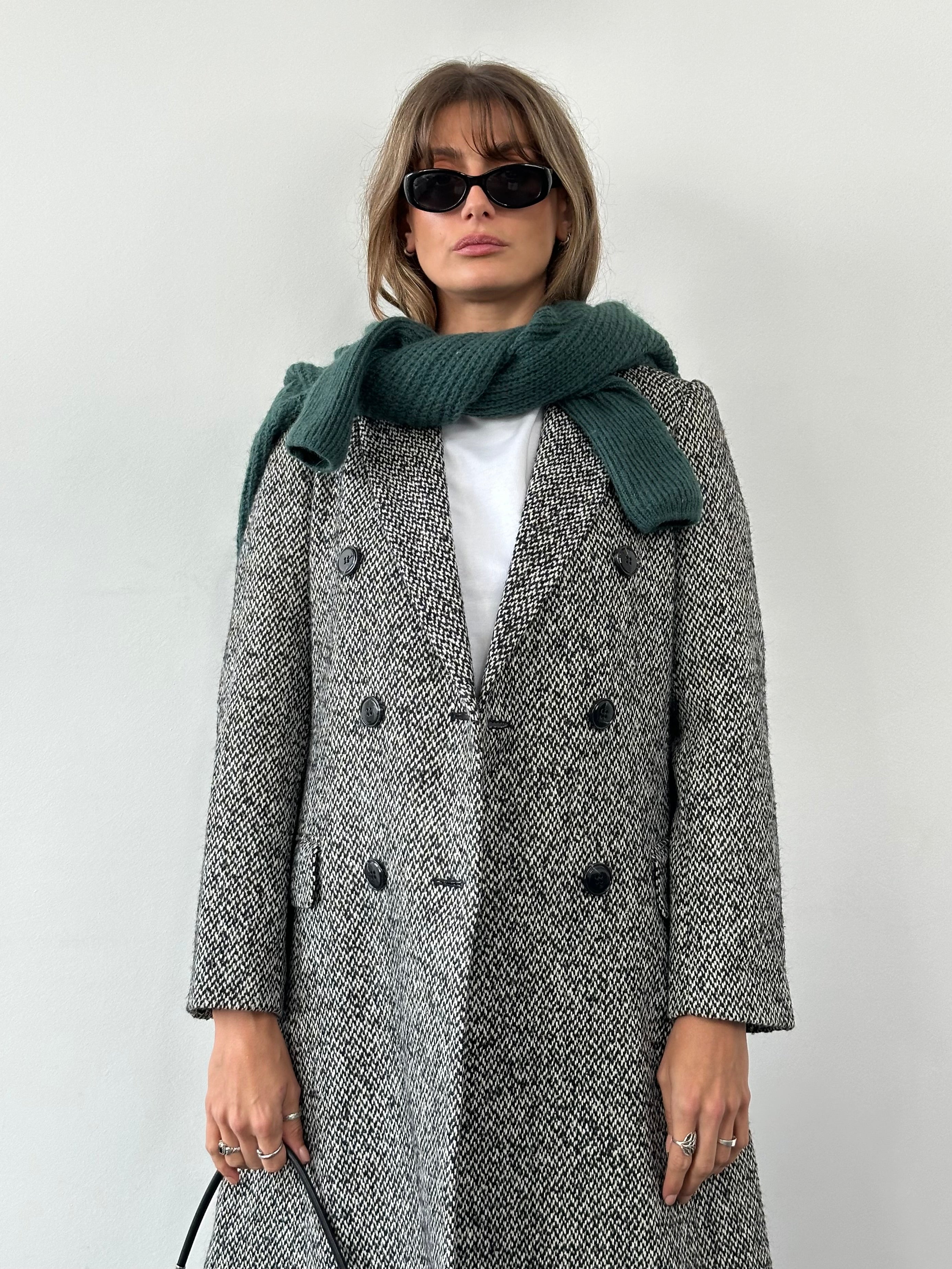 MAX & Co wool blend tweed double-breasted coat in size M, featuring classic tailored design and textured fabric.