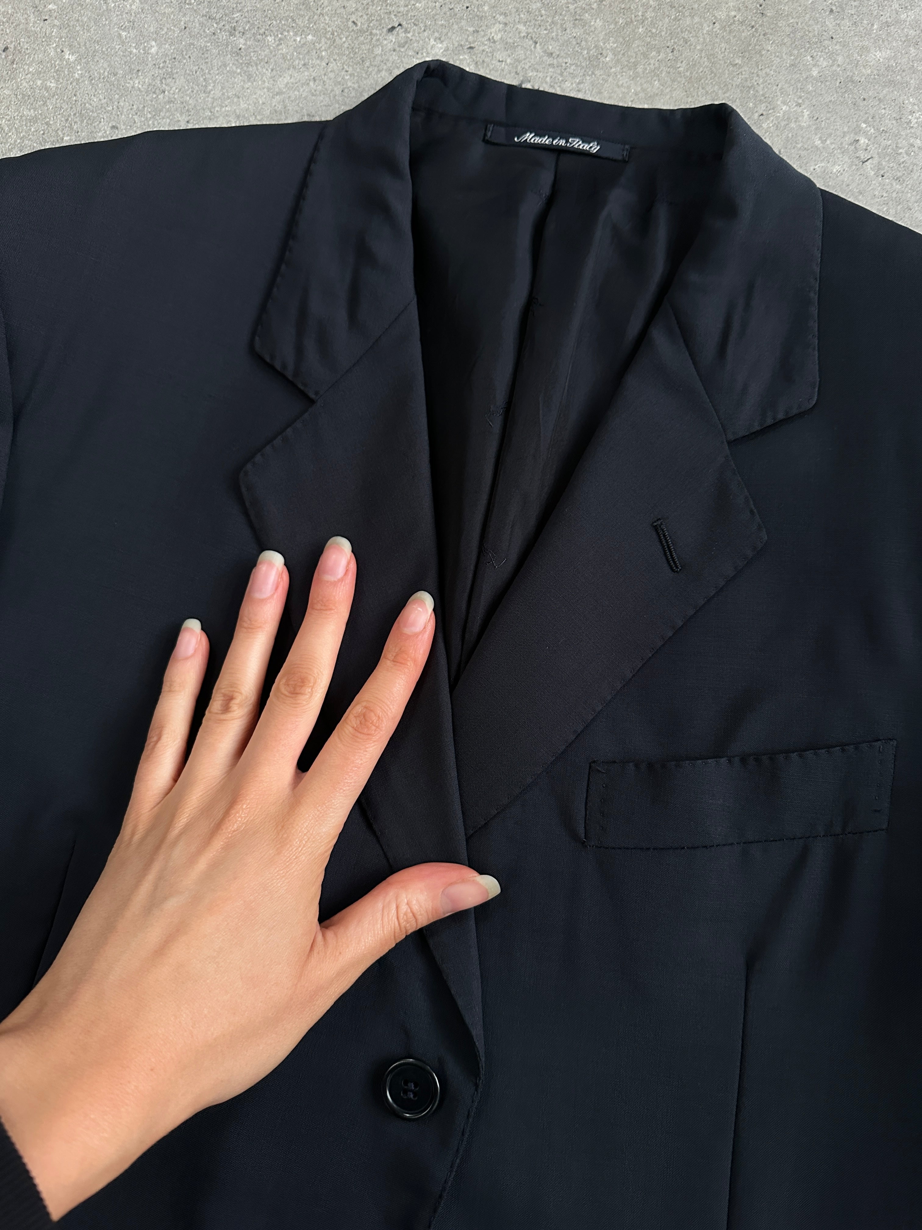 Yves Saint Laurent Pour Homme 1990s pure wool high neck blazer, size 38R/M, in dark color, tailored fit with structured collar.