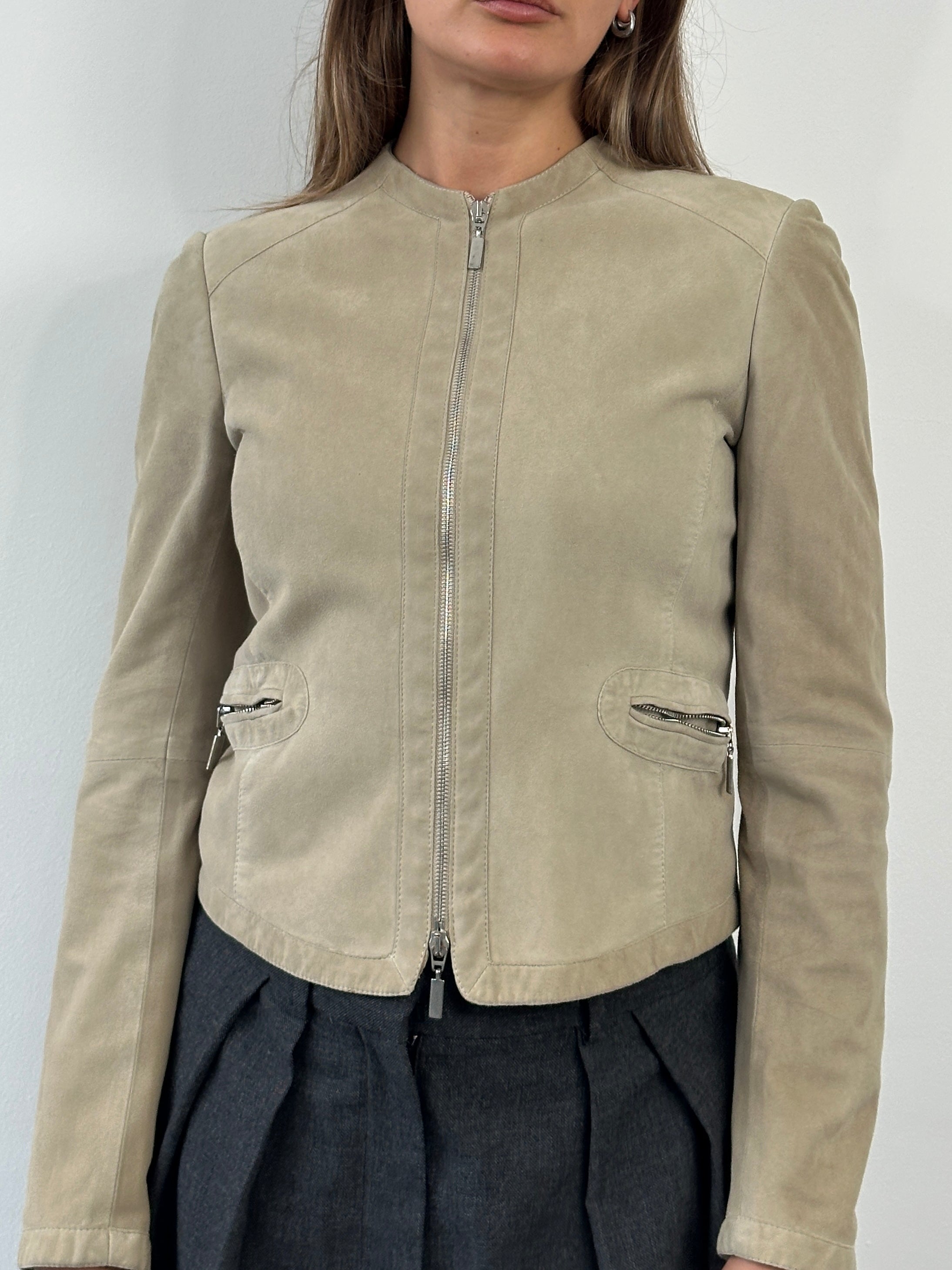 Armani Collezioni 2000s double zip suede leather jacket in XS/S, stylish men's outerwear with modern design details.
