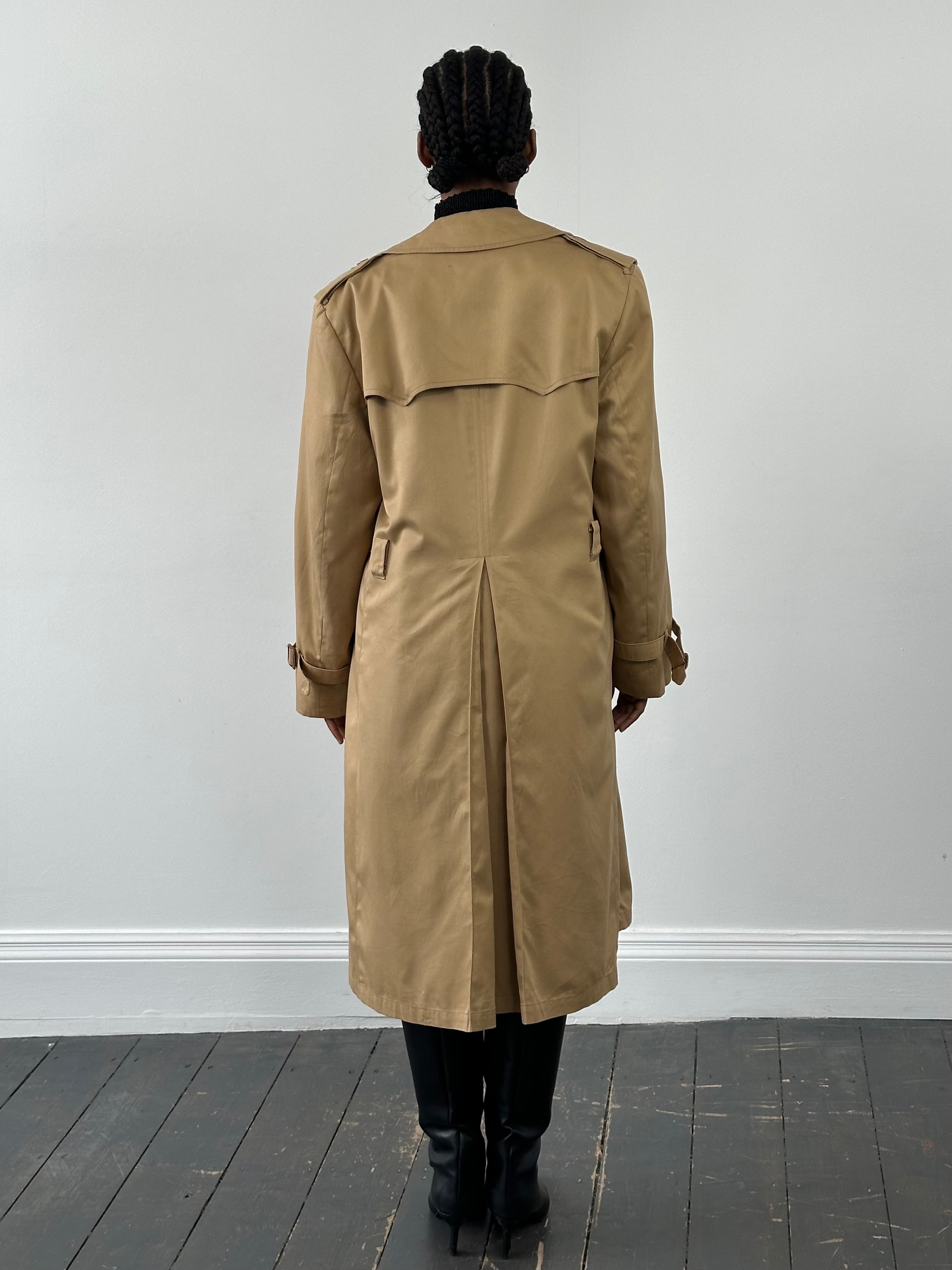 Christian Dior Paris 1980s cotton double-breasted trench coat, stylish vintage outerwear in size L displayed on a hanger.