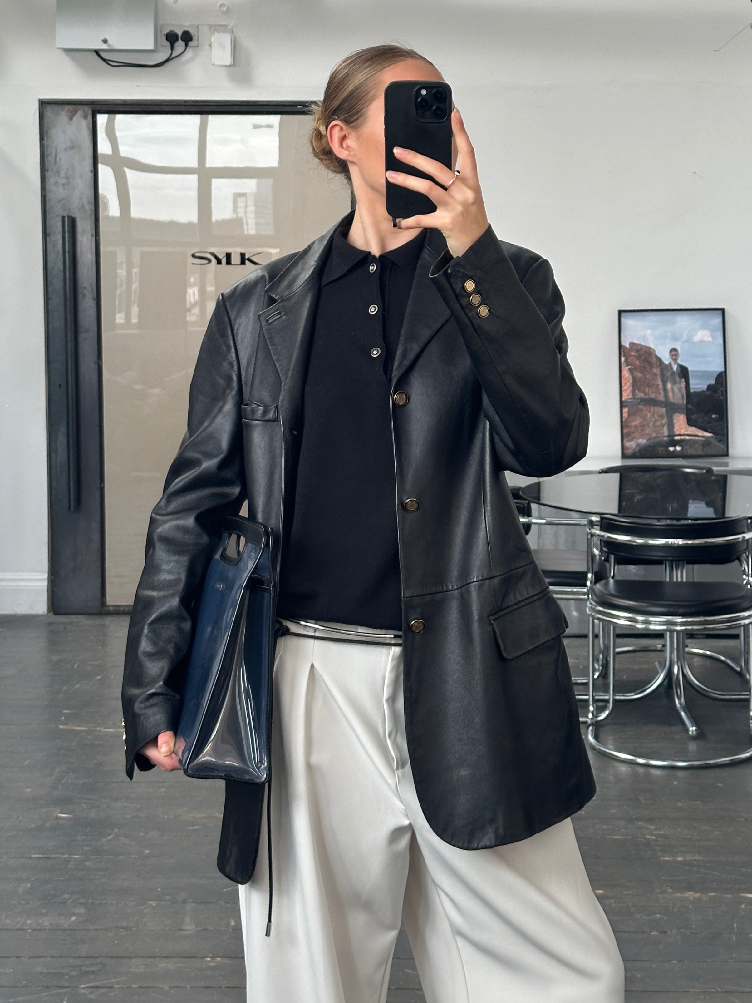 Versace Jeans Couture 1990s bespoke leather blazer jacket in size L, stylish men's fashion with button details and classic design.