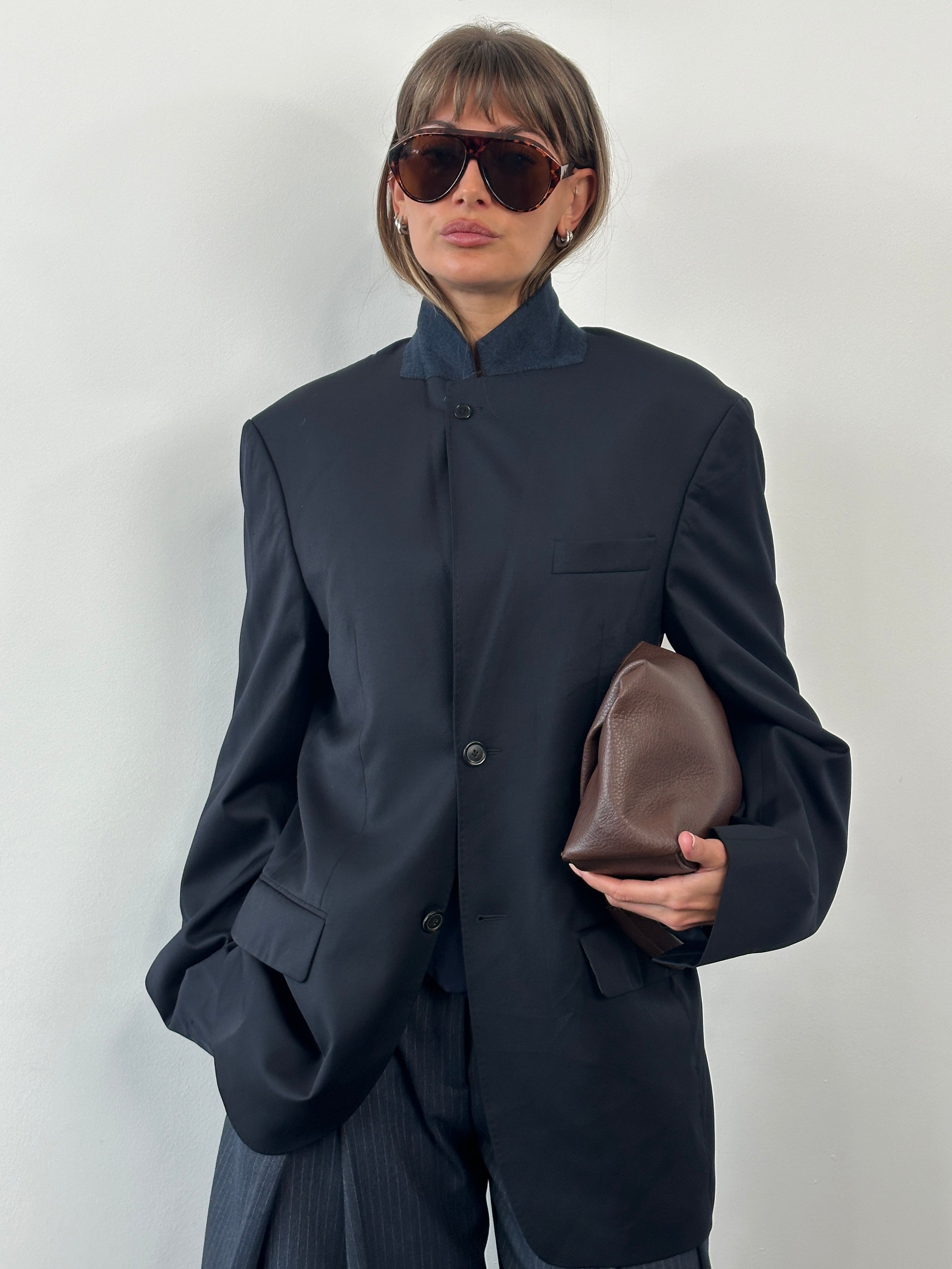 Loro Piana Rene Lezard 2000s single-breasted high-neck wool blazer in size 40L/L, with classic tailored fit and high-quality fabric.