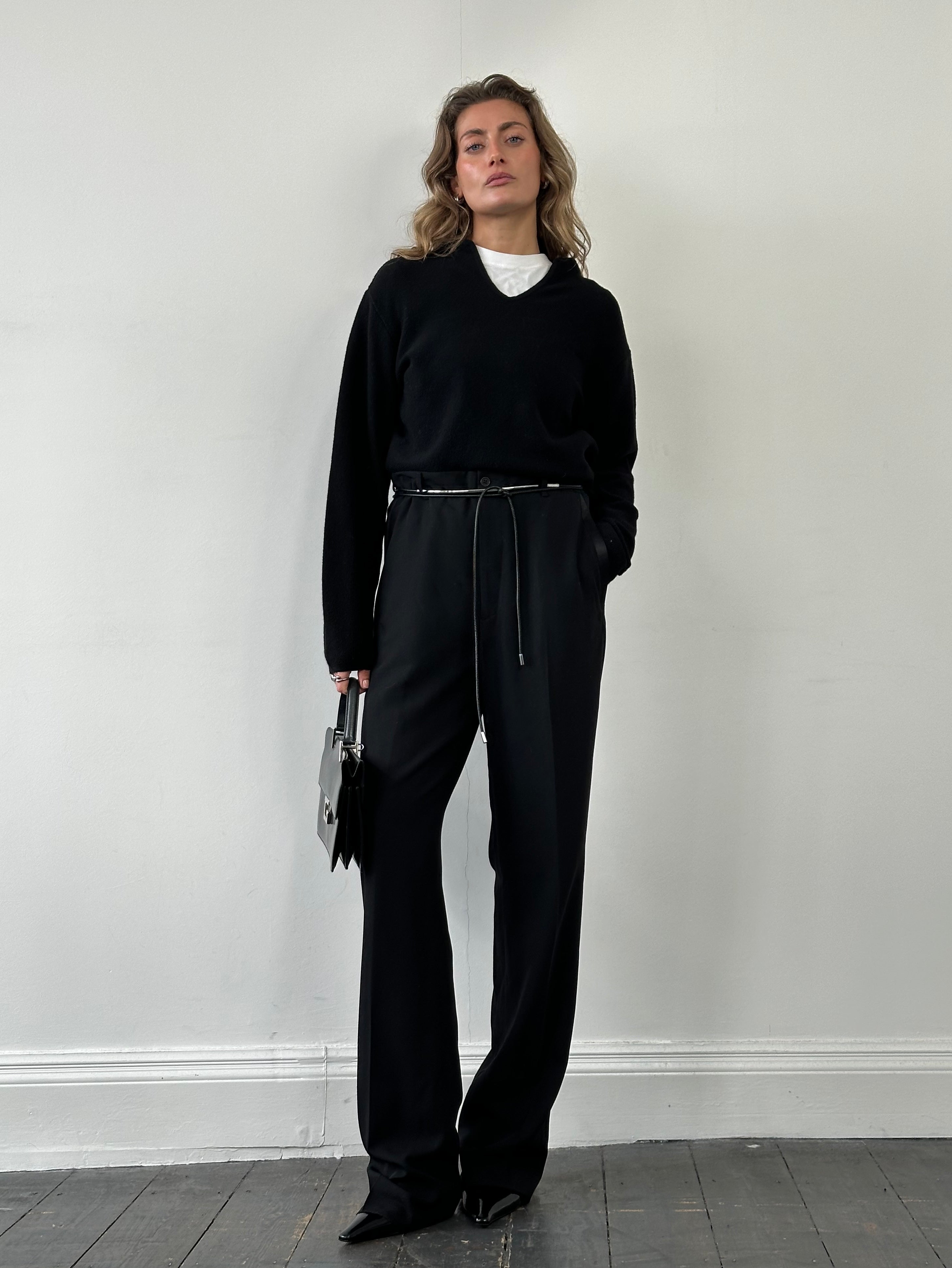 Emporio Armani 1990s pure wool tailored tuxedo trousers in size W34, featuring a classic fit and sleek black design.