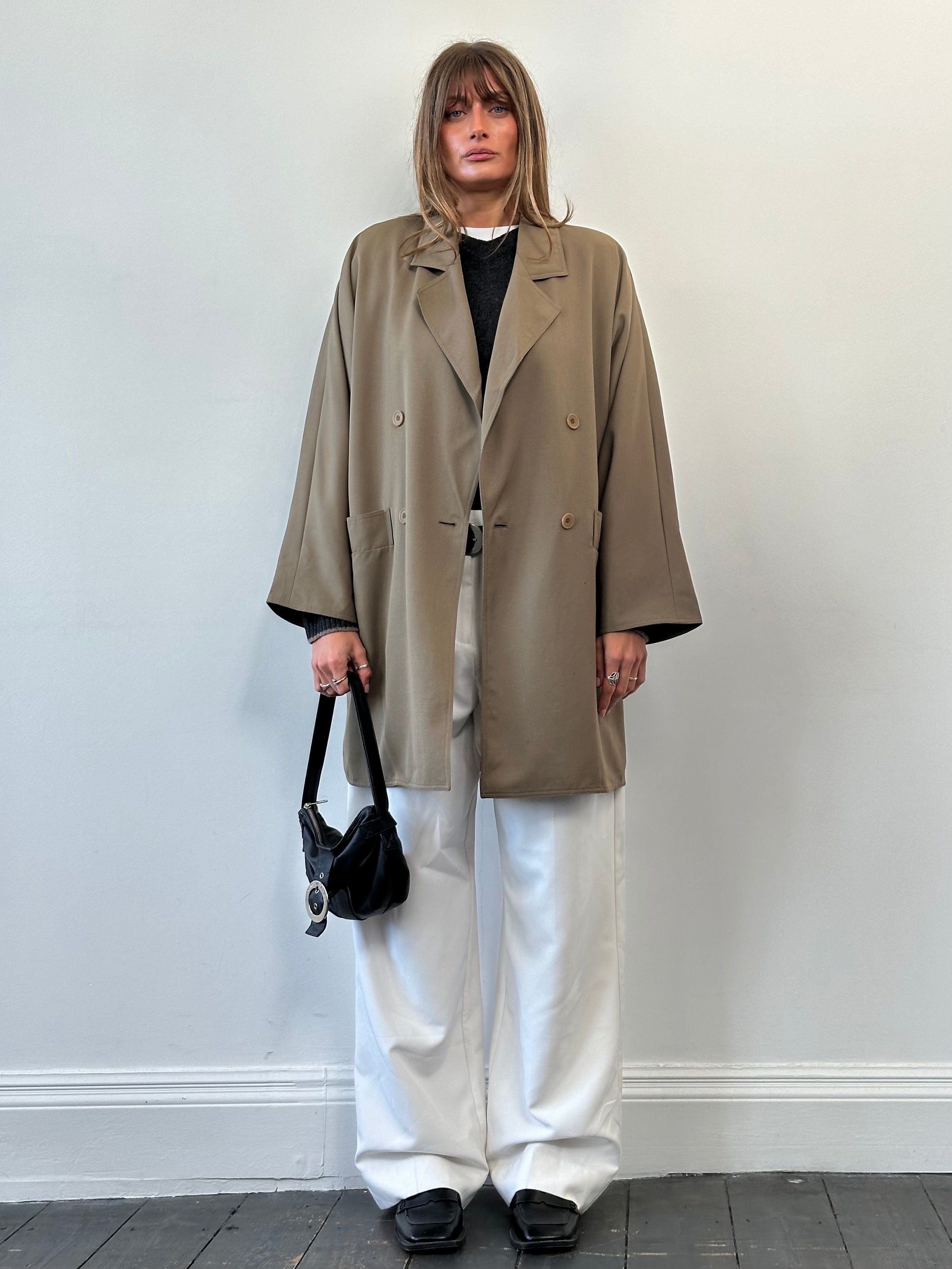 Marella pure wool double-breasted trench coat in size L/XL, beige color, with classic collar and button details.