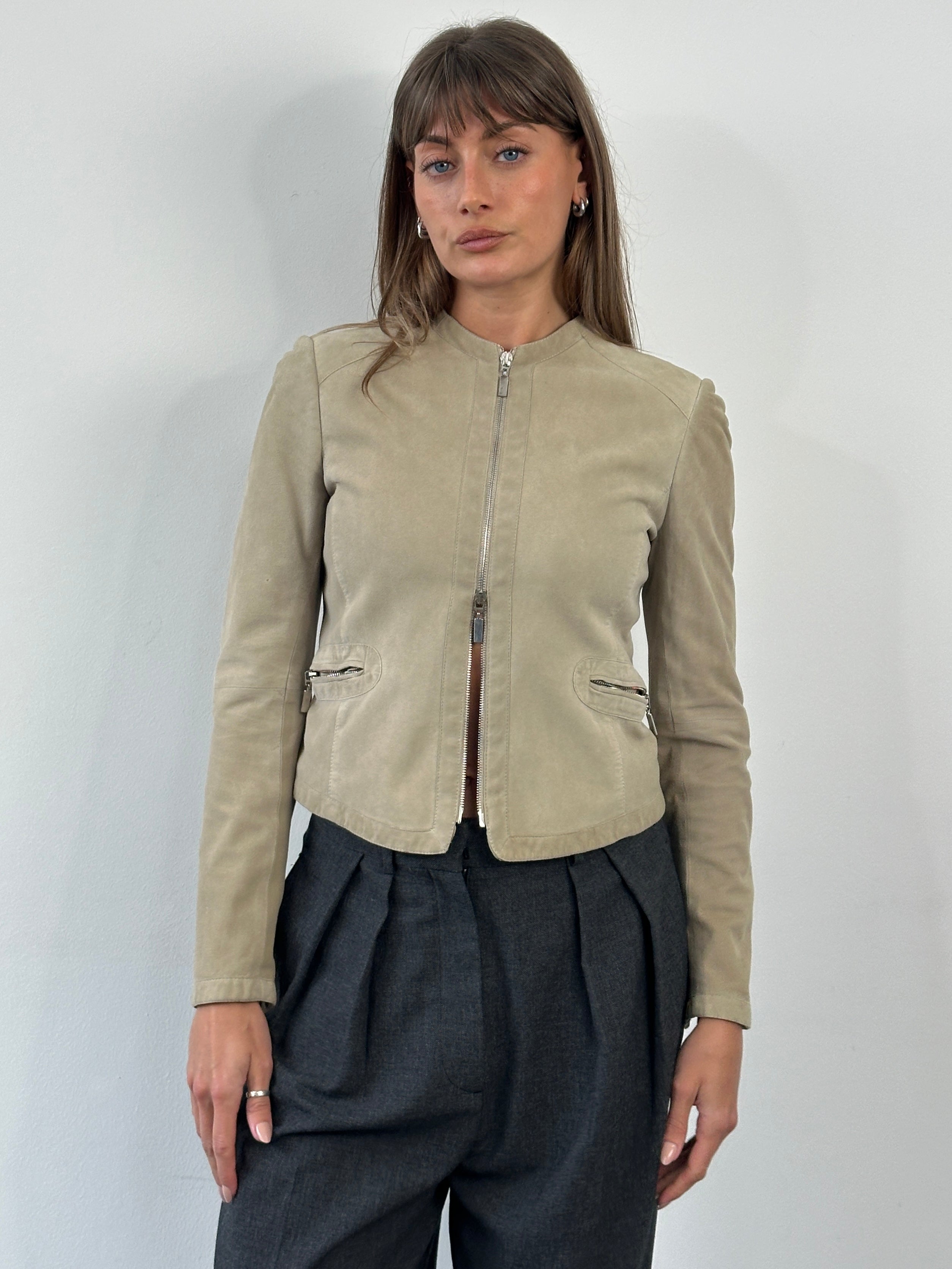 Armani Collezioni 2000s double zip suede leather jacket in XS/S, stylish and vintage with front zippers and soft brown suede.