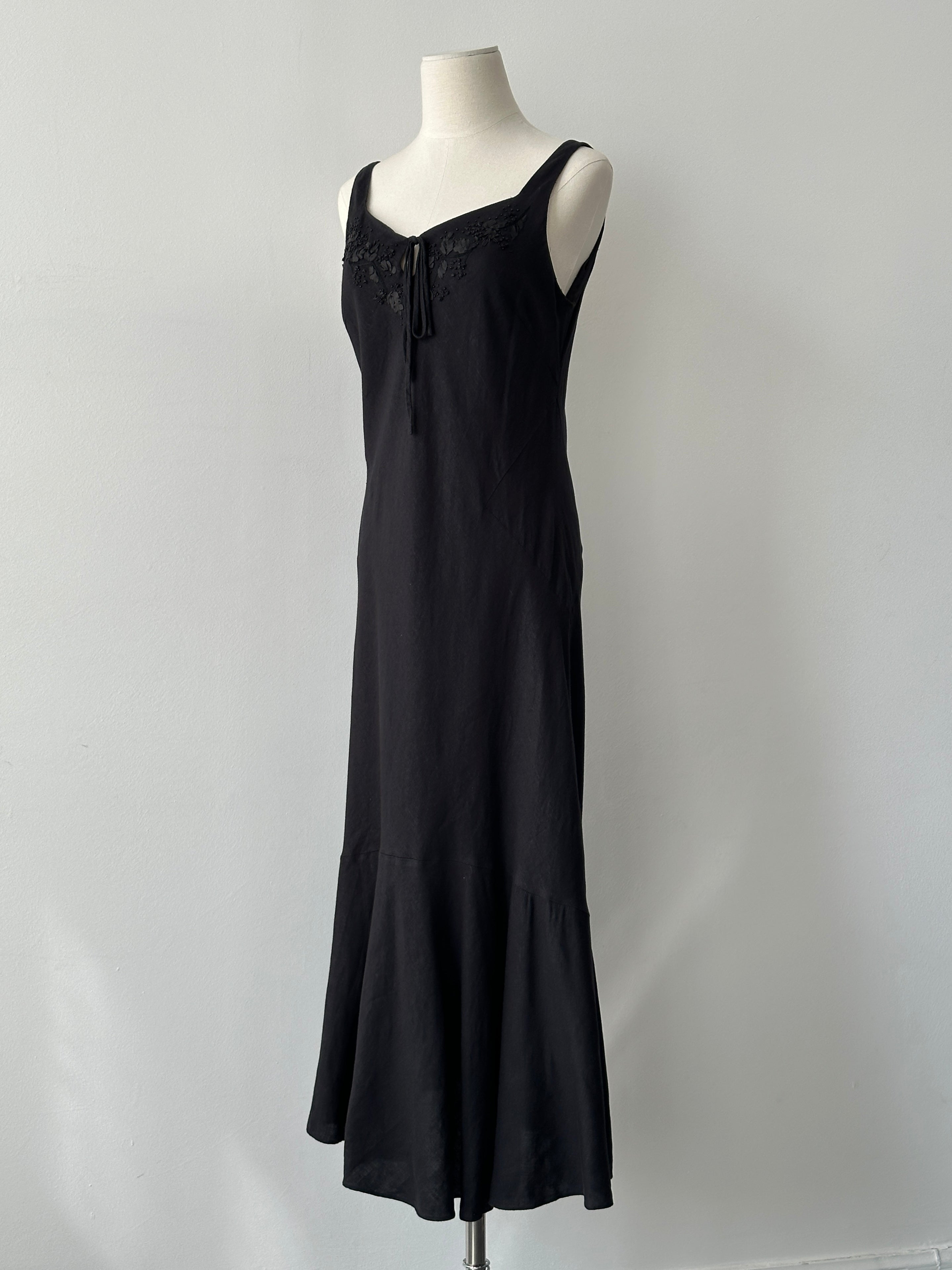 Vintage 1990s Linen Beaded Floor Length Dress - S