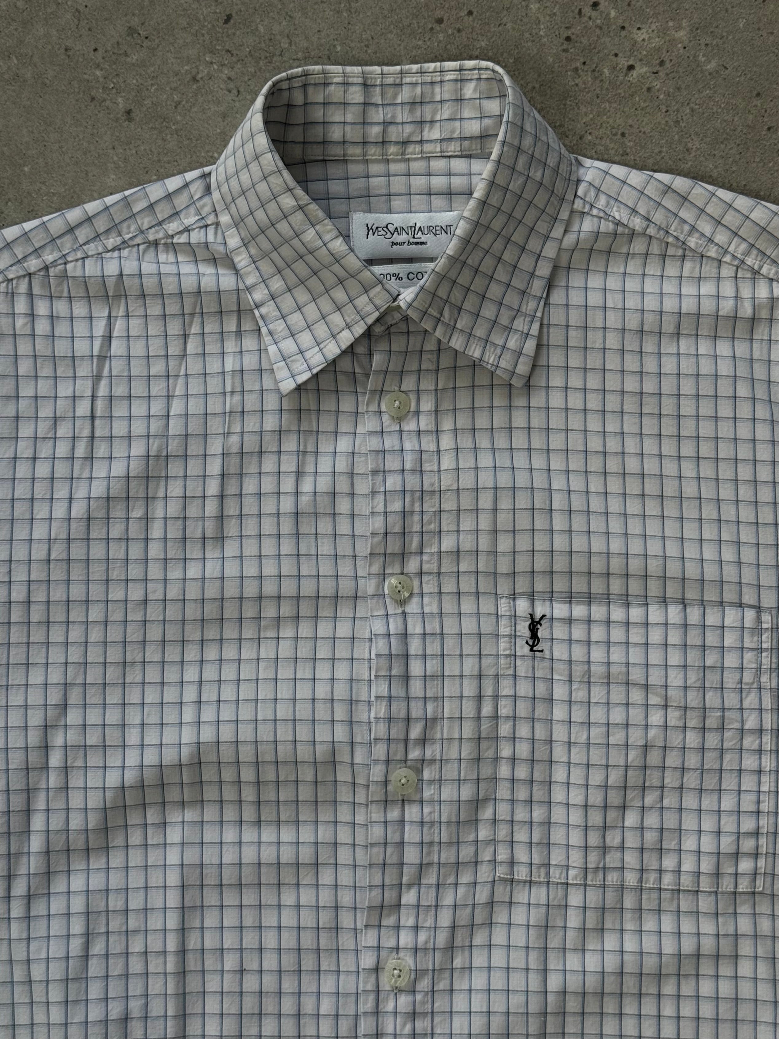 Yves Saint Laurent Pour Homme 1990s pure cotton check short sleeve shirt in size S, featuring a classic plaid pattern and button front.