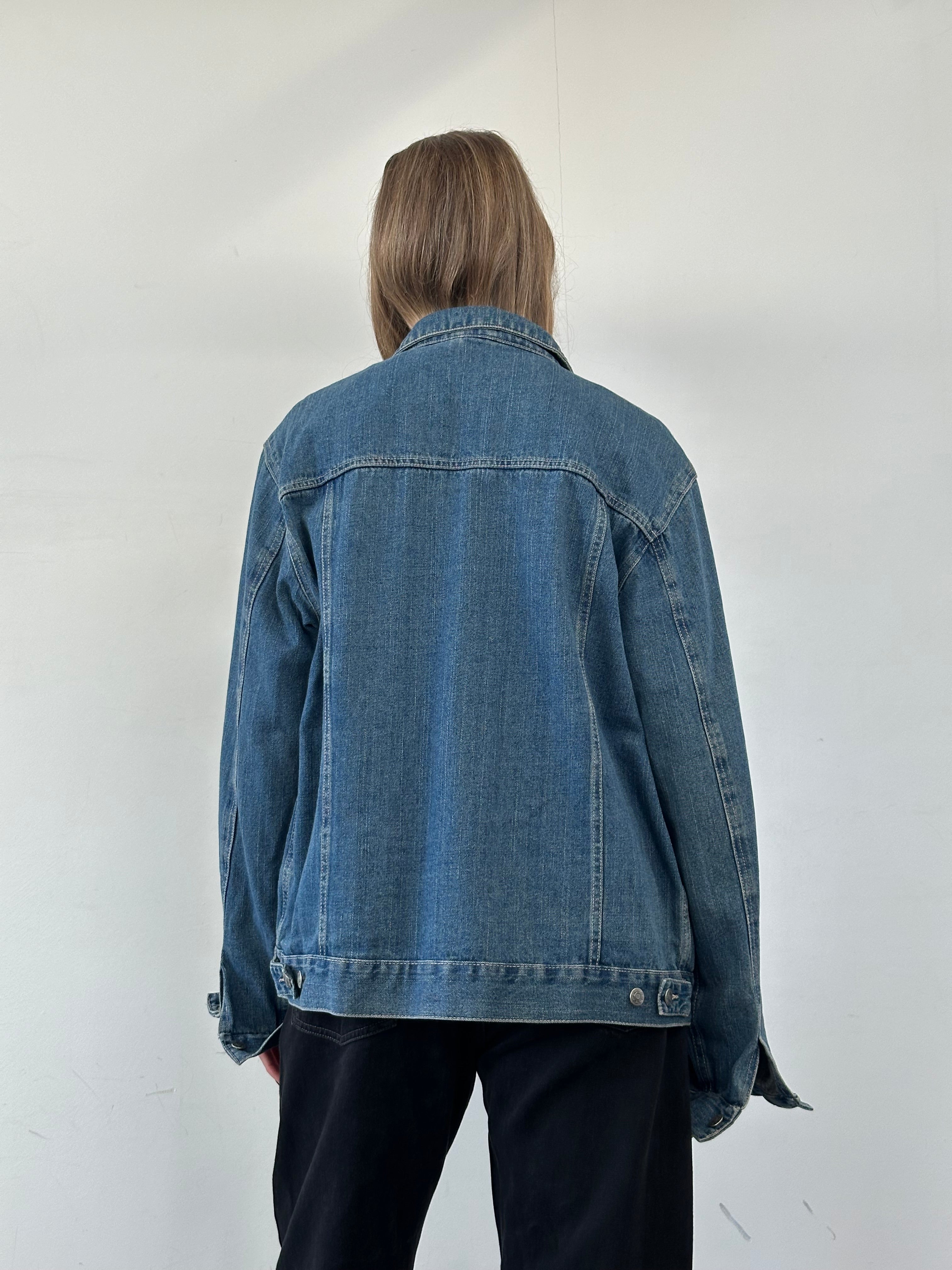 Vintage Pure Cotton Denim Jacket in XL with classic design and button-front, styled on a hanger.