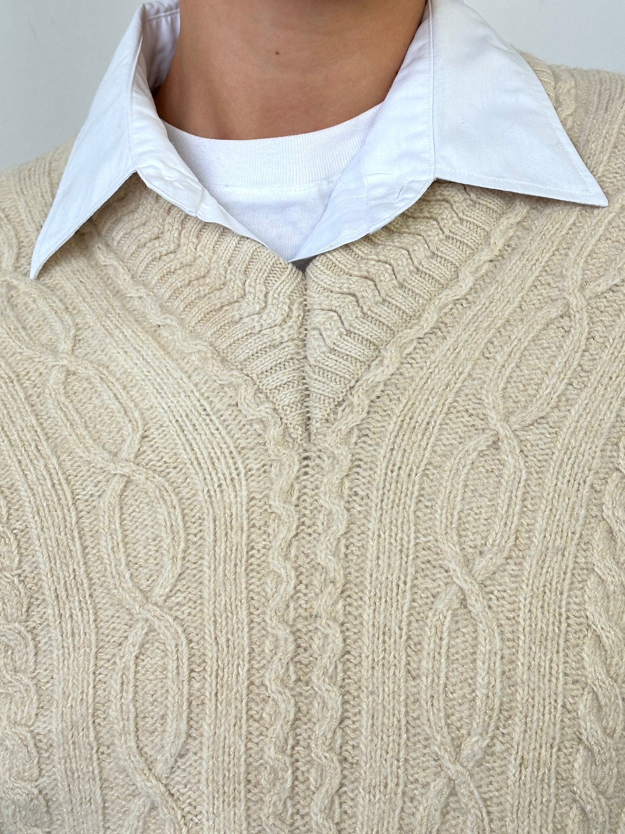 Gianfranco Ferre silk lambswool cable knit V-neck jumper in size M, showcasing the textured knit pattern and classic design.
