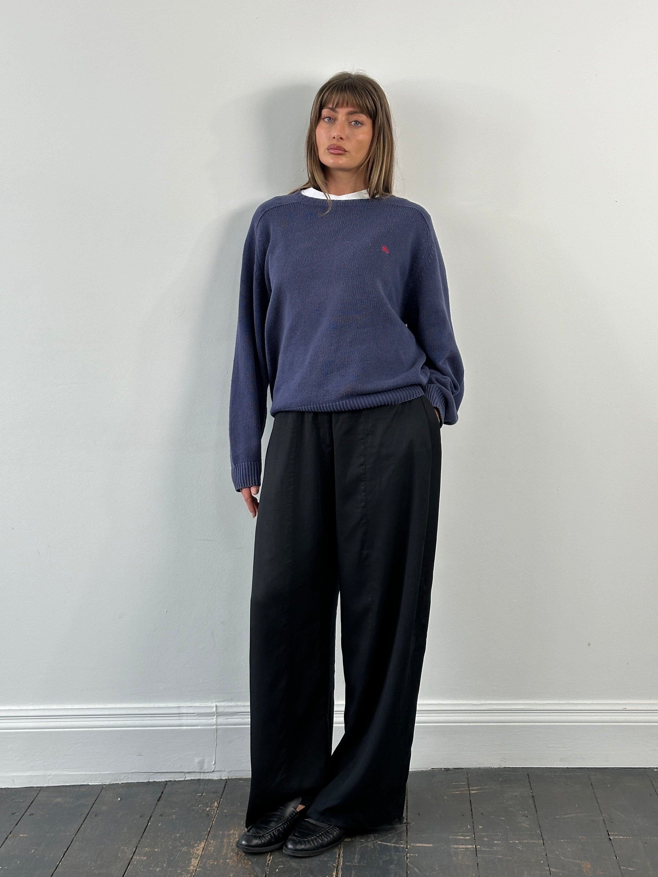 Burberry 1990s cotton logo knitted jumper in size L, featuring classic branding and cozy knit fabric.