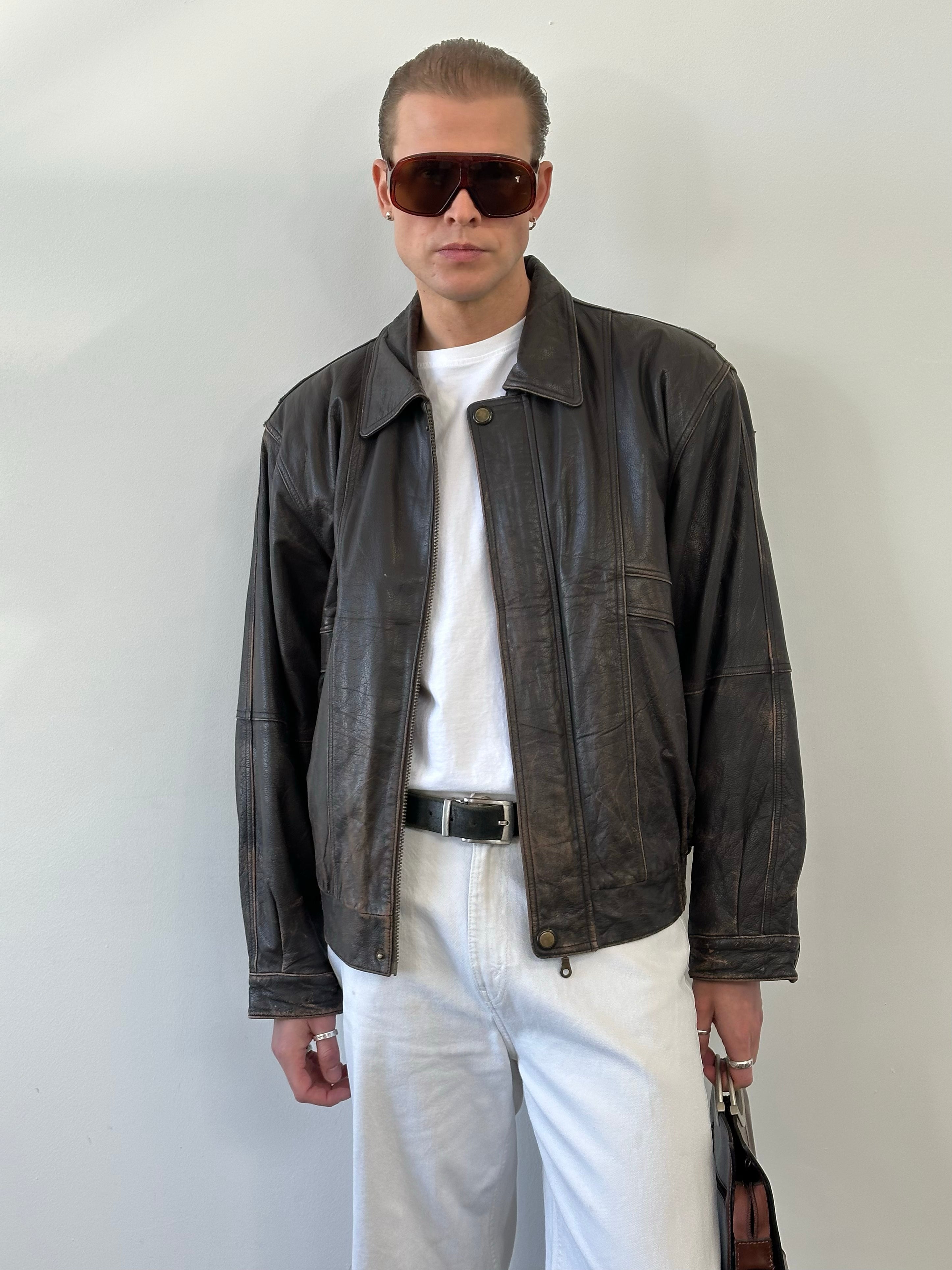 Vintage 1990s Distressed Leather Bomber Jacket - XL