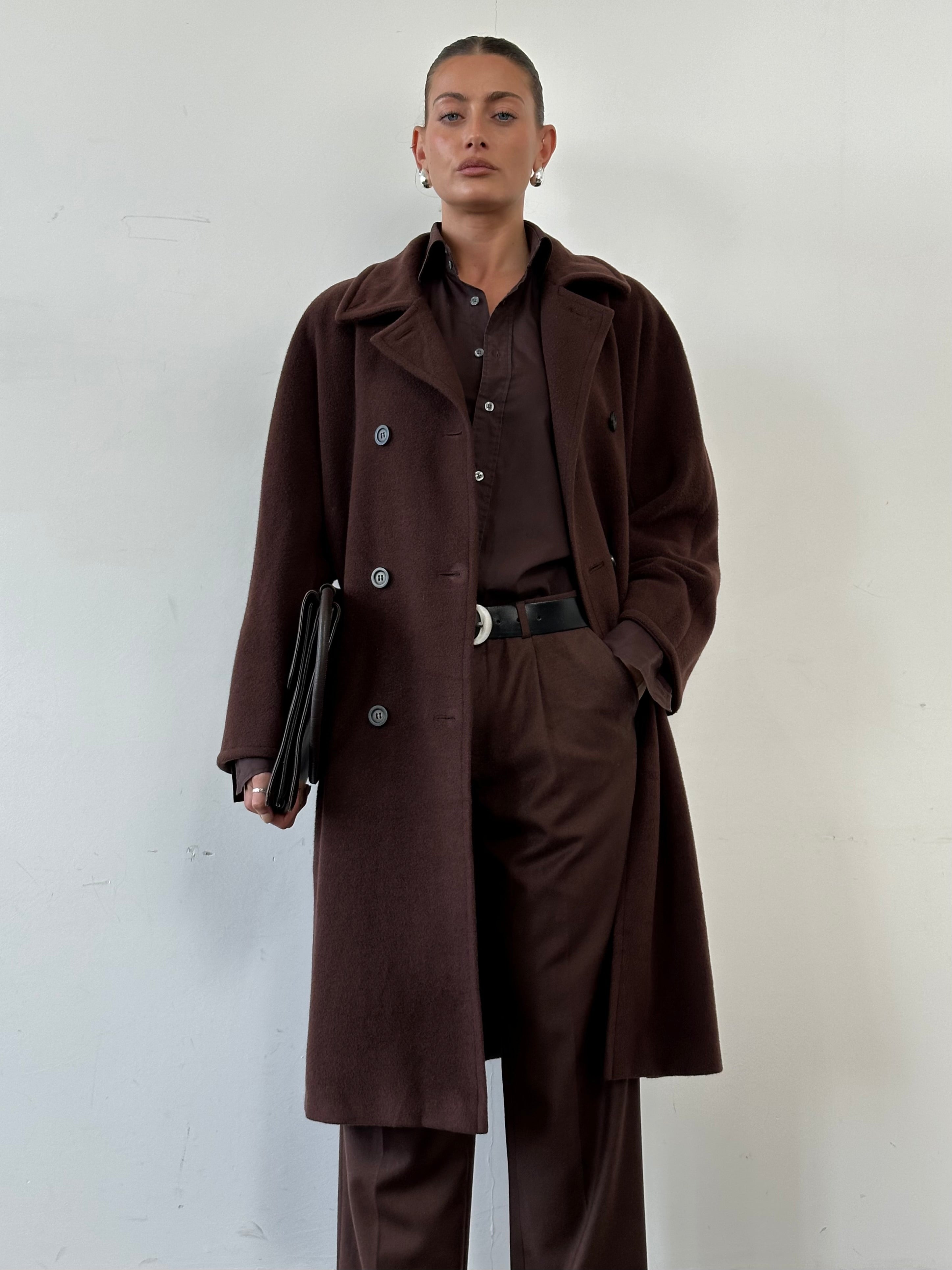 Marella wool cashmere double-breasted coat in size L, featuring a classic design and tailored fit, shown on a model.