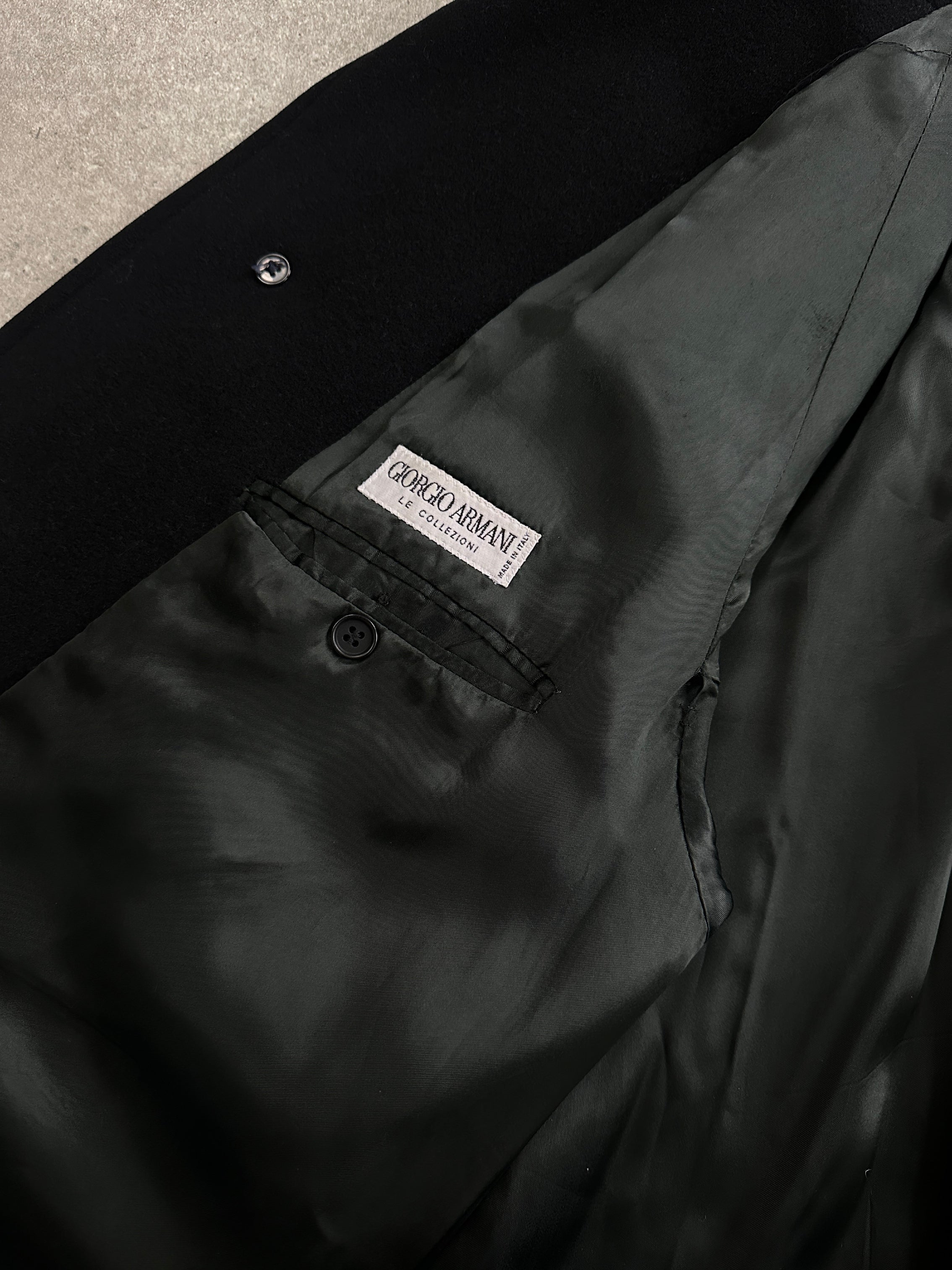 Giorgio Armani Le Collezioni pure wool floor-length coat in XL, showcasing a sleek, elegant design with a tailored fit.