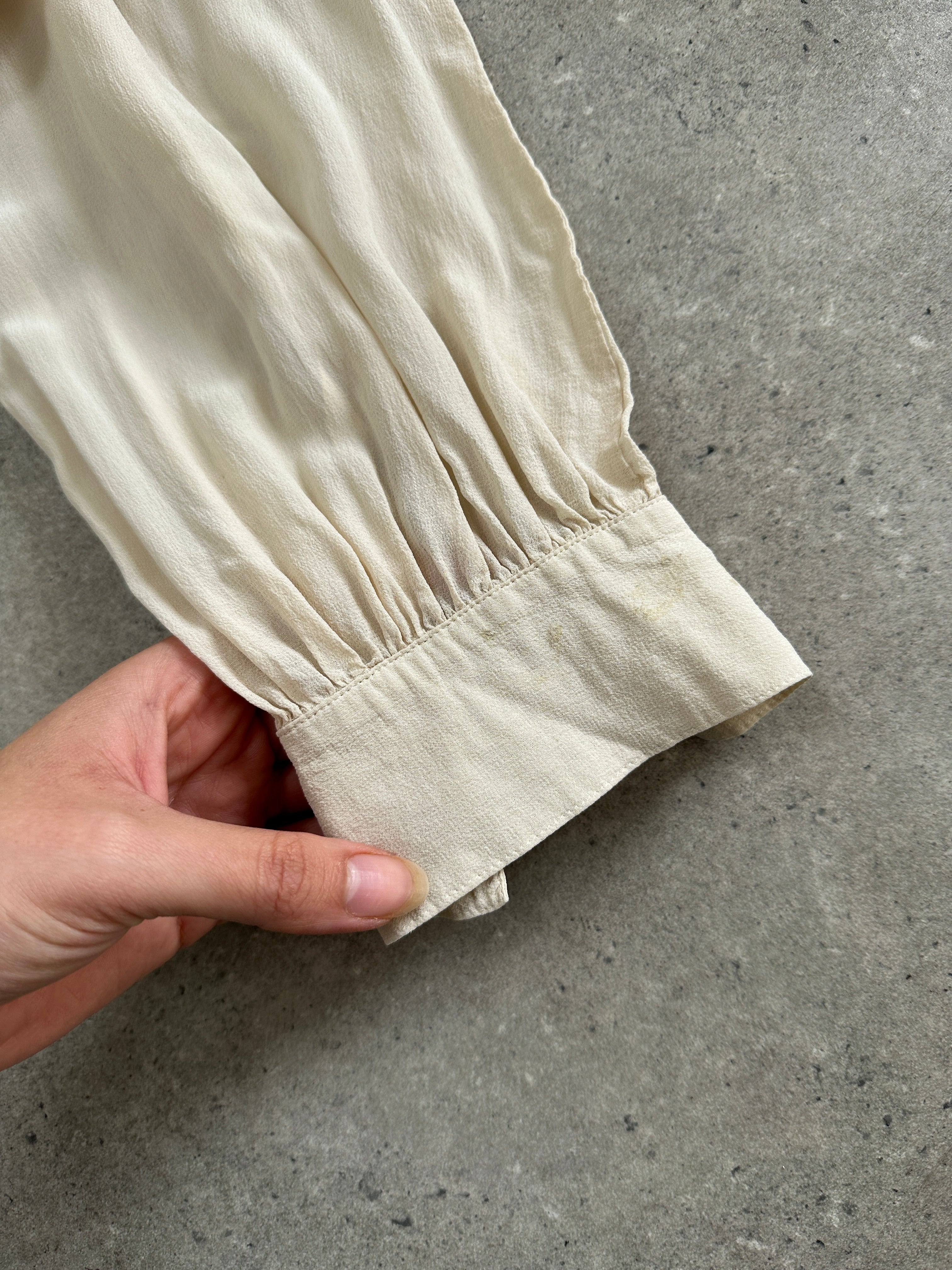 Max Mara pure silk frill wrap blouse in size large, showcasing elegant collar, ruffled details, and soft silk fabric.