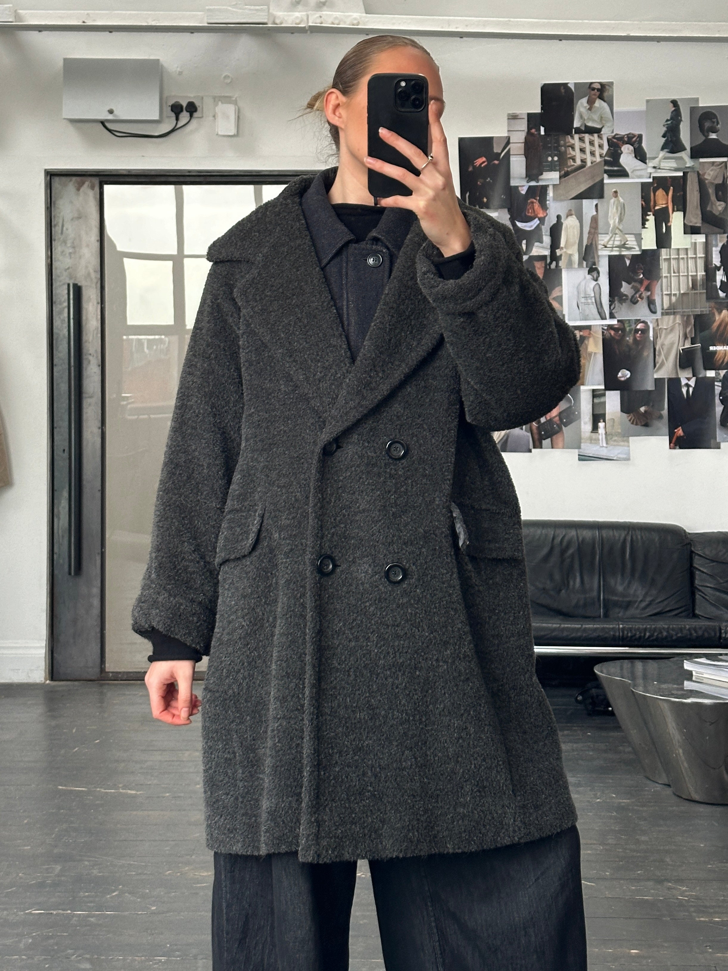Max Mara 1990s alpaca wool double-breasted coat in XL, showcasing a classic tailored design with wide lapels and button details.