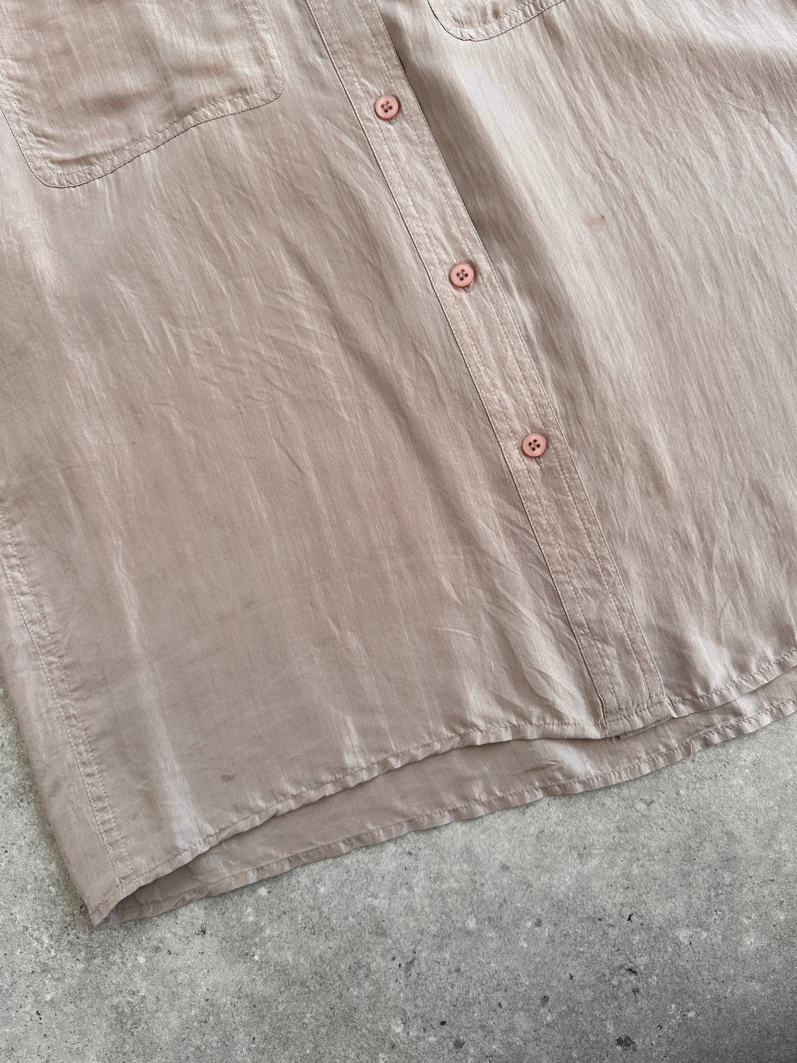Vintage 1990s pure silk shirt, M/L, featuring a classic design and smooth fabric, displayed on a hanger.