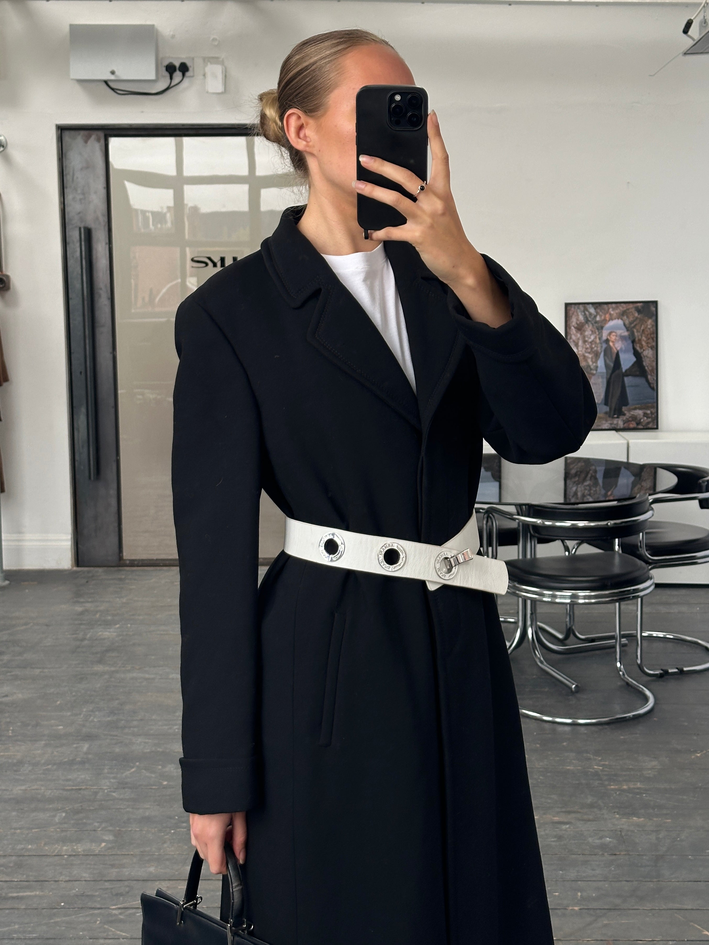 Giorgio Armani 1990s pure wool floor-length coat in size M, tailored with a classic design and elegant dark color.