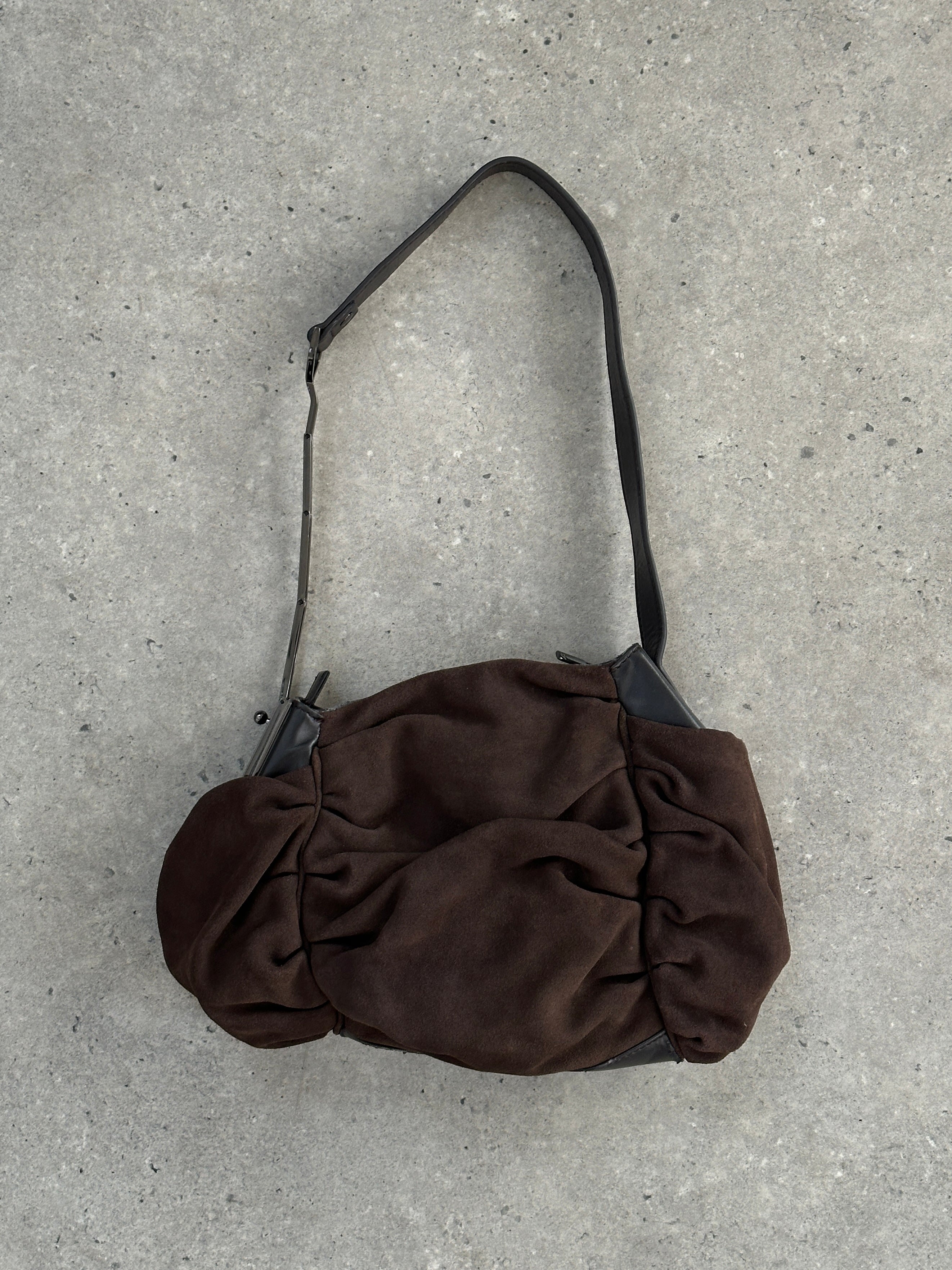 Armani Jeans suede ruched shoulder bag with a sleek design and adjustable strap, perfect for stylish everyday use.