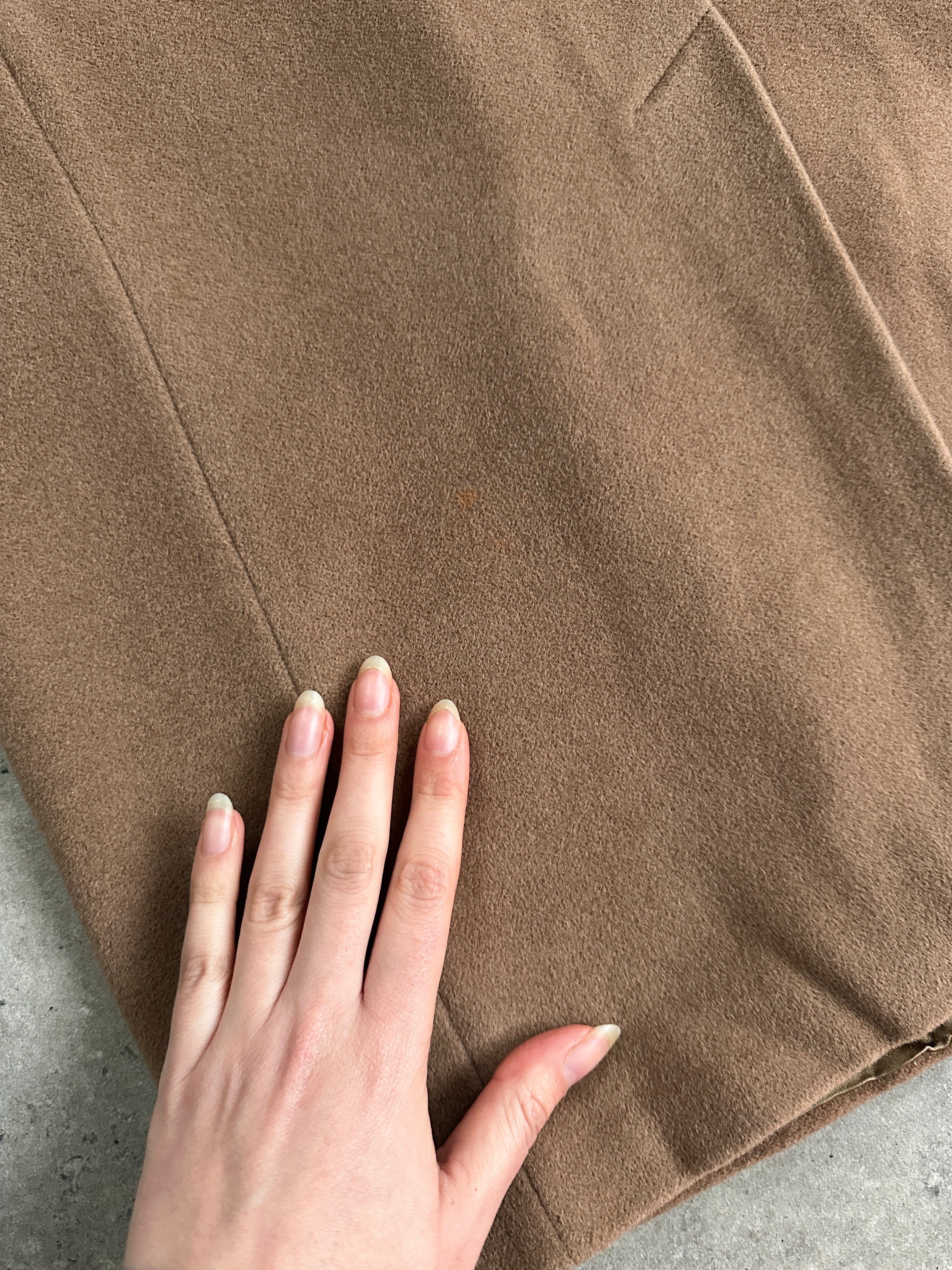 Marella virgin wool single-breasted coat in size S/M, shown on a hanger with a classic tailored fit and neutral color.