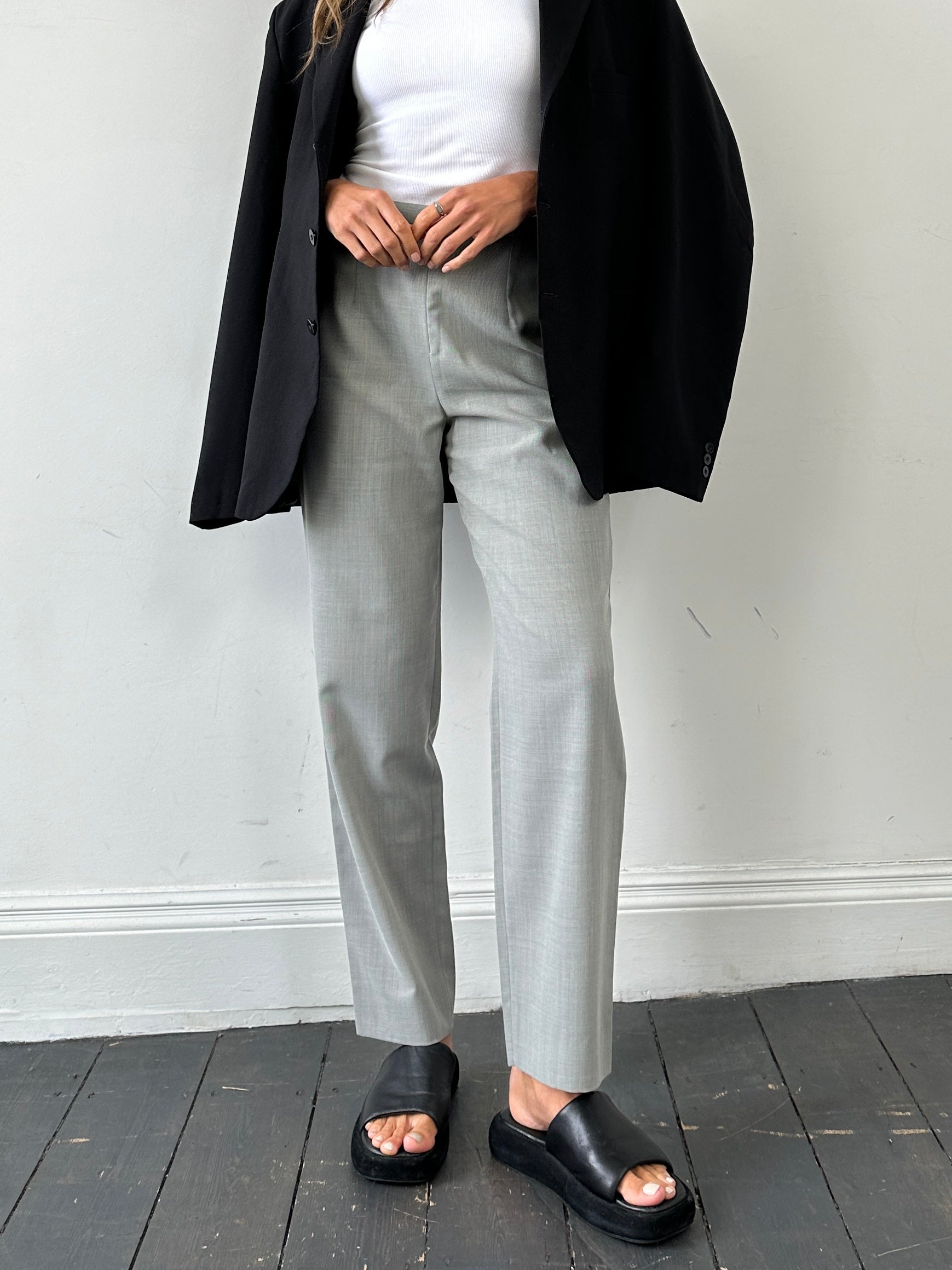 Marella wool blend high-waisted tapered leg trousers in dark fabric, size W28, shown on a model.