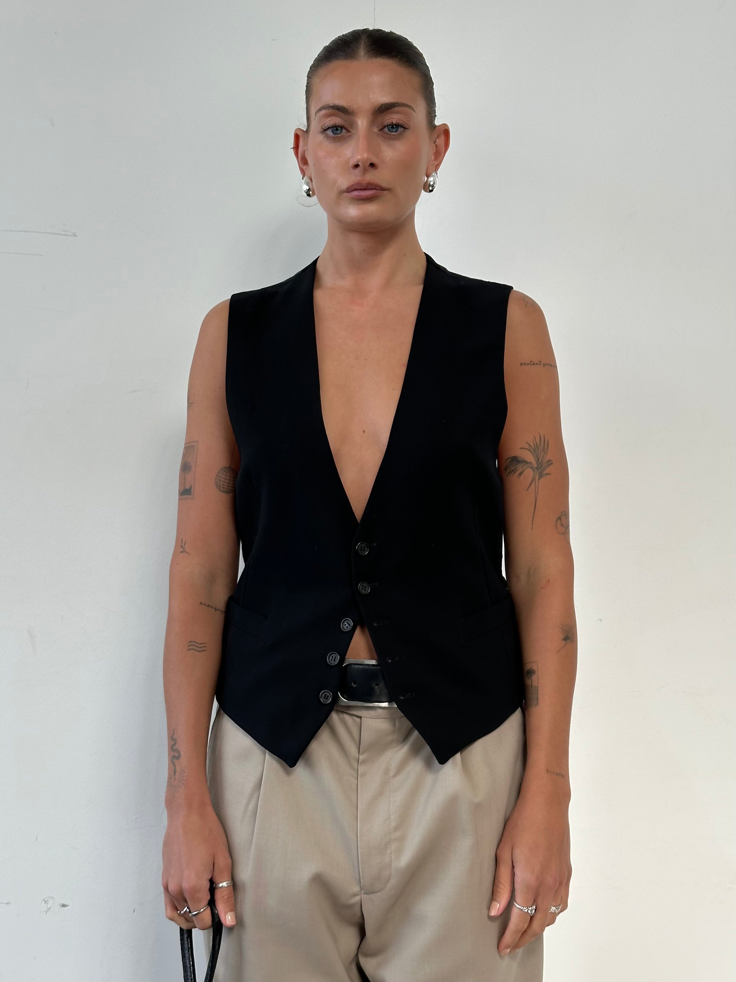 Giorgio Armani Classico wool tailored waistcoat in XS/S, featuring a sleek design and classic fit, shown on a plain background.