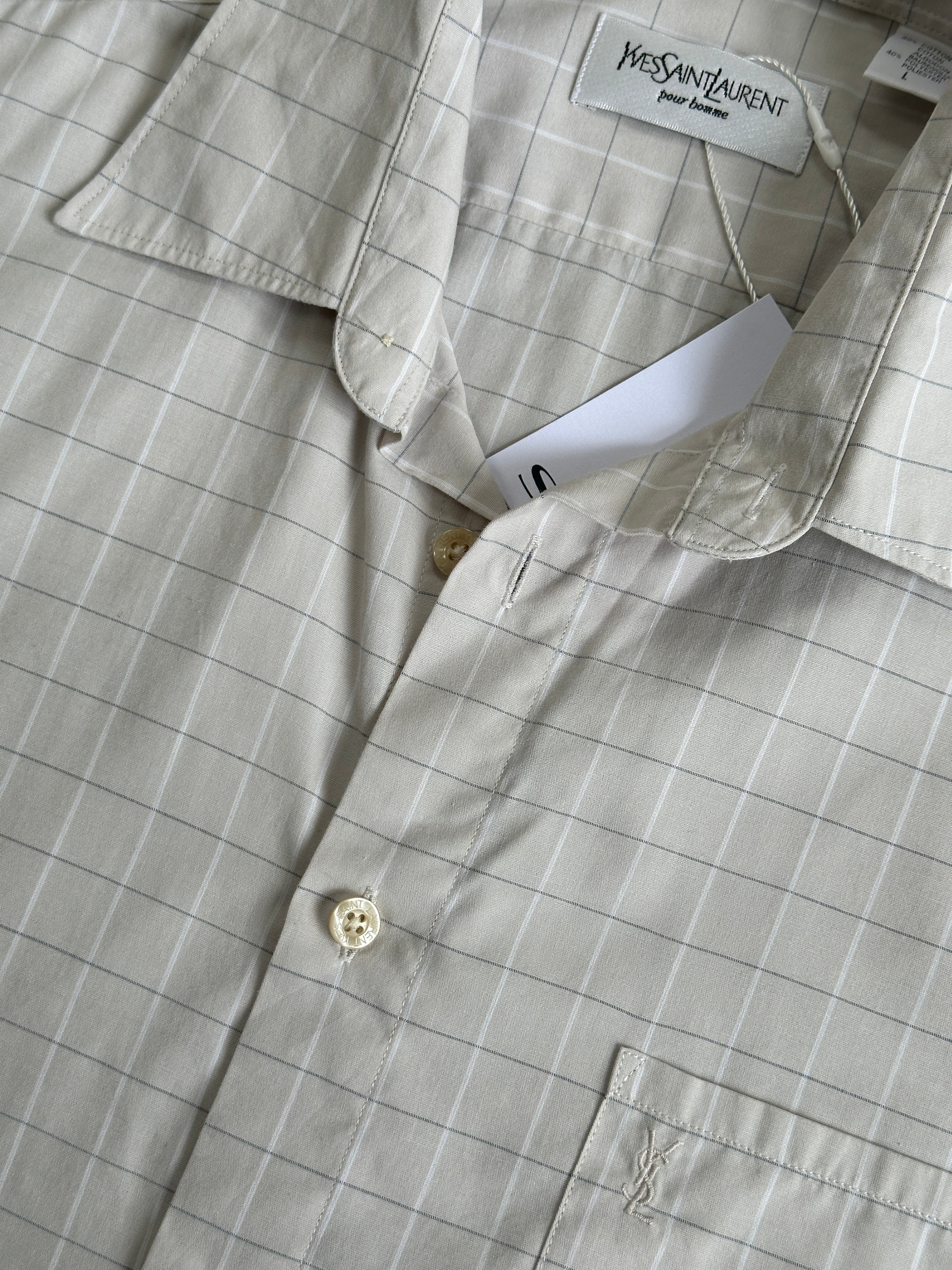 Yves Saint Laurent Pour Homme check cotton short sleeve shirt in size L, featuring a classic design with logo details.