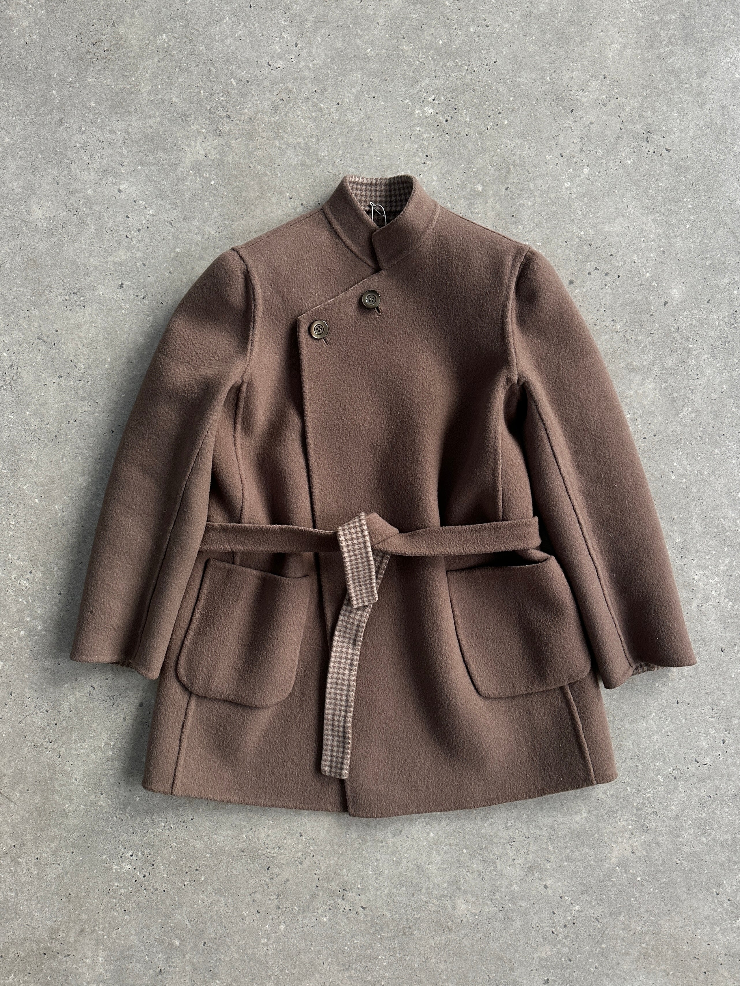 Vintage Italian vintage wool reversible belted coat in size M, showing the classic tailored design and cozy fabric.