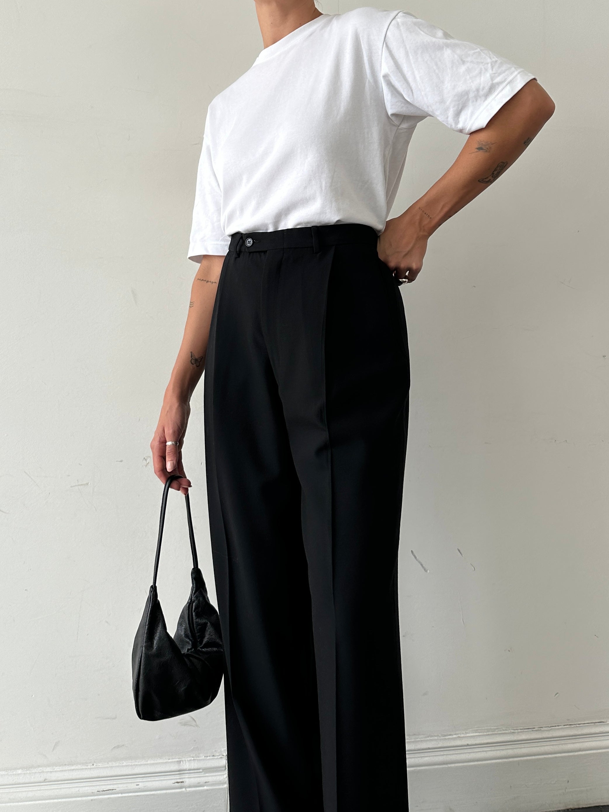 Vintage pure wool tailored tuxedo trousers with straight legs and W32 size, featuring a classic formal fit and sleek design.