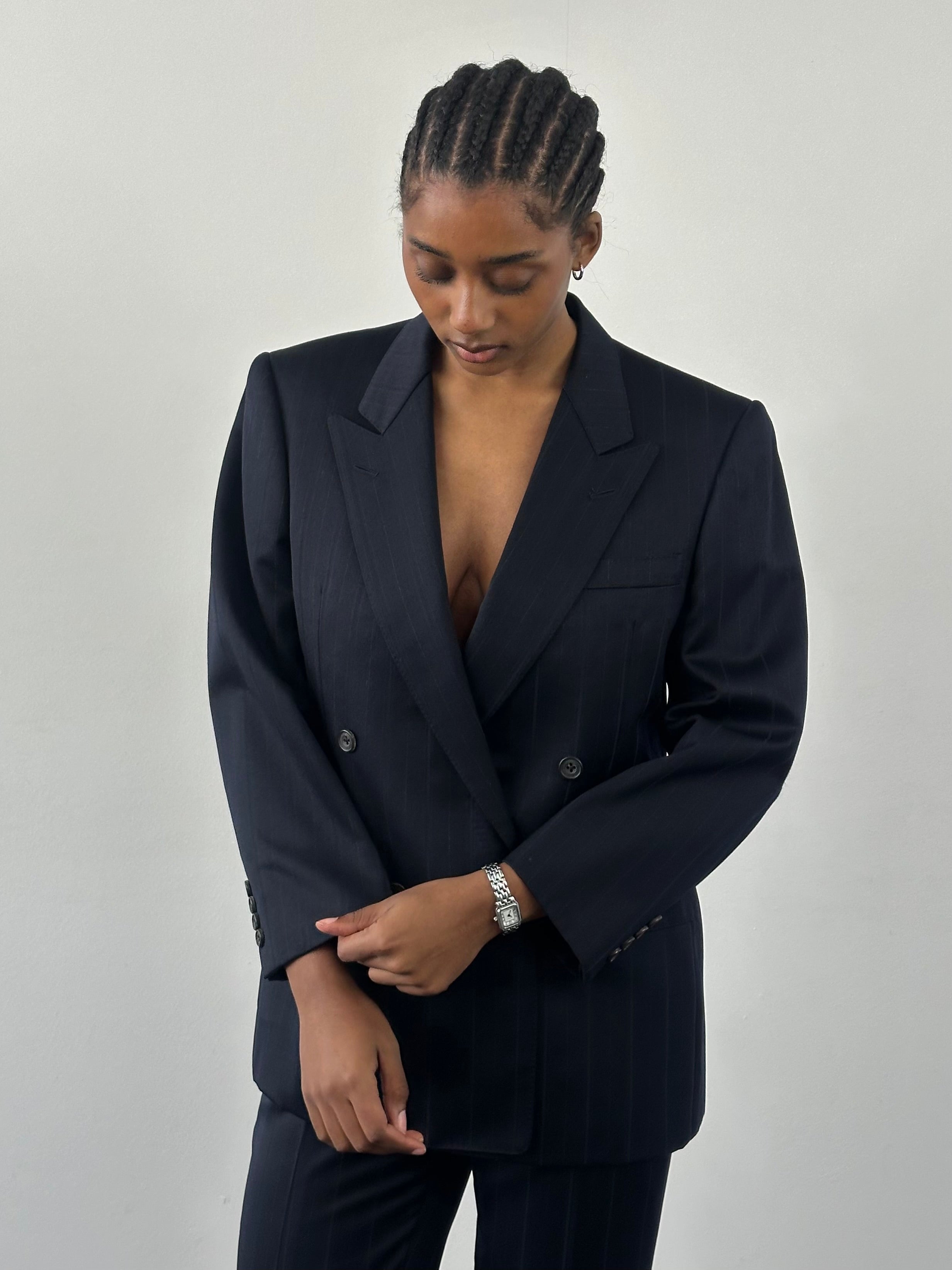 Burberry 1990s pure wool stripe double-breasted suit in size 36S/W28, featuring classic tailored fit and timeless design.