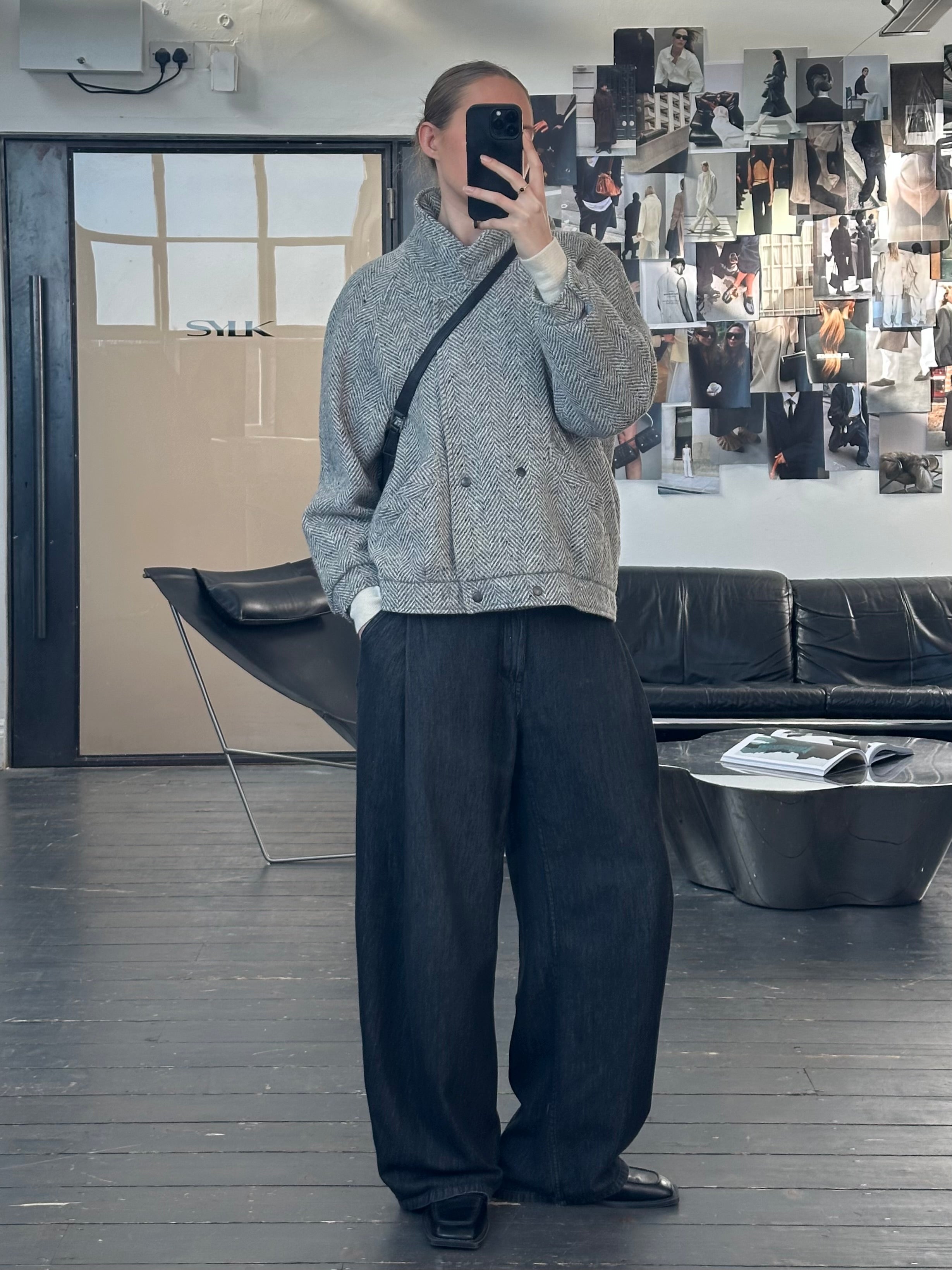 Vintage British 1980s pure wool herringbone bomber jacket in M/L, featuring classic design and textured fabric.