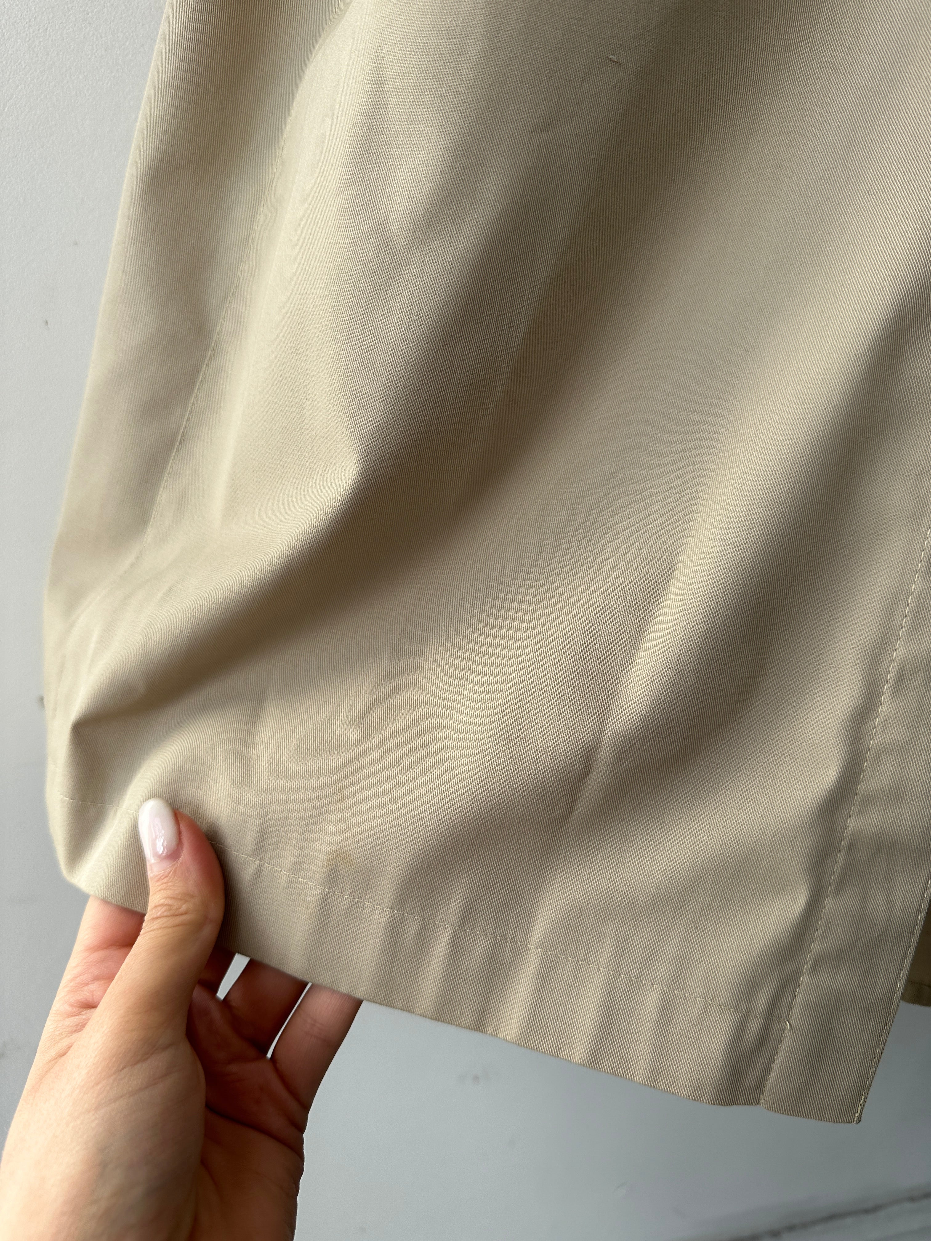 Vintage Italian double-breasted cotton trench coat with belted waist in XL size, classic vintage style and timeless design.