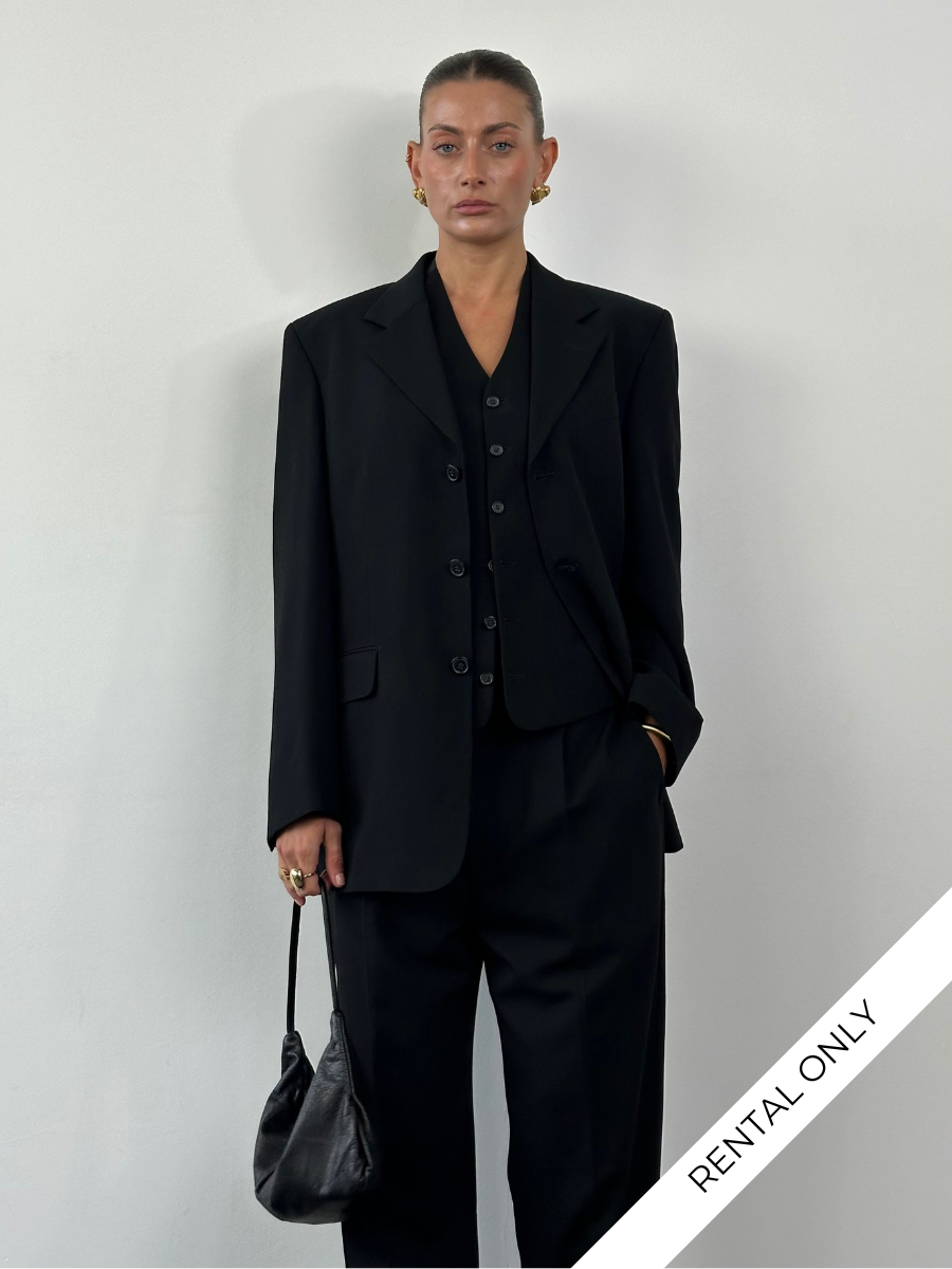Yves Saint Laurent Pour Homme 1990s pure wool three-piece suit in size 40R/W32, featuring a tailored jacket, waistcoat, and trousers.