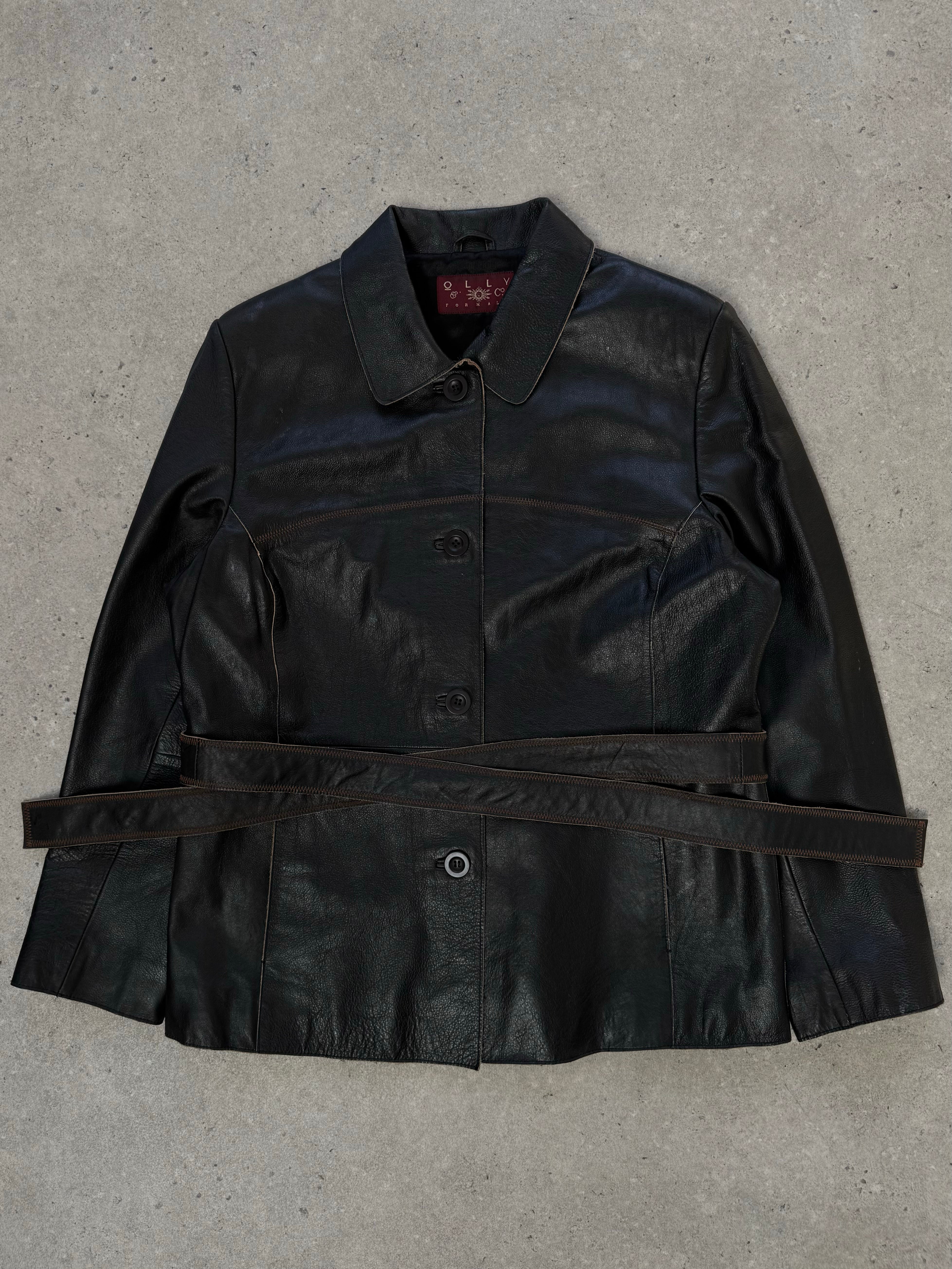Vintage 1990s leather belted jacket, size S, featuring classic black leather with a belt and collar details.