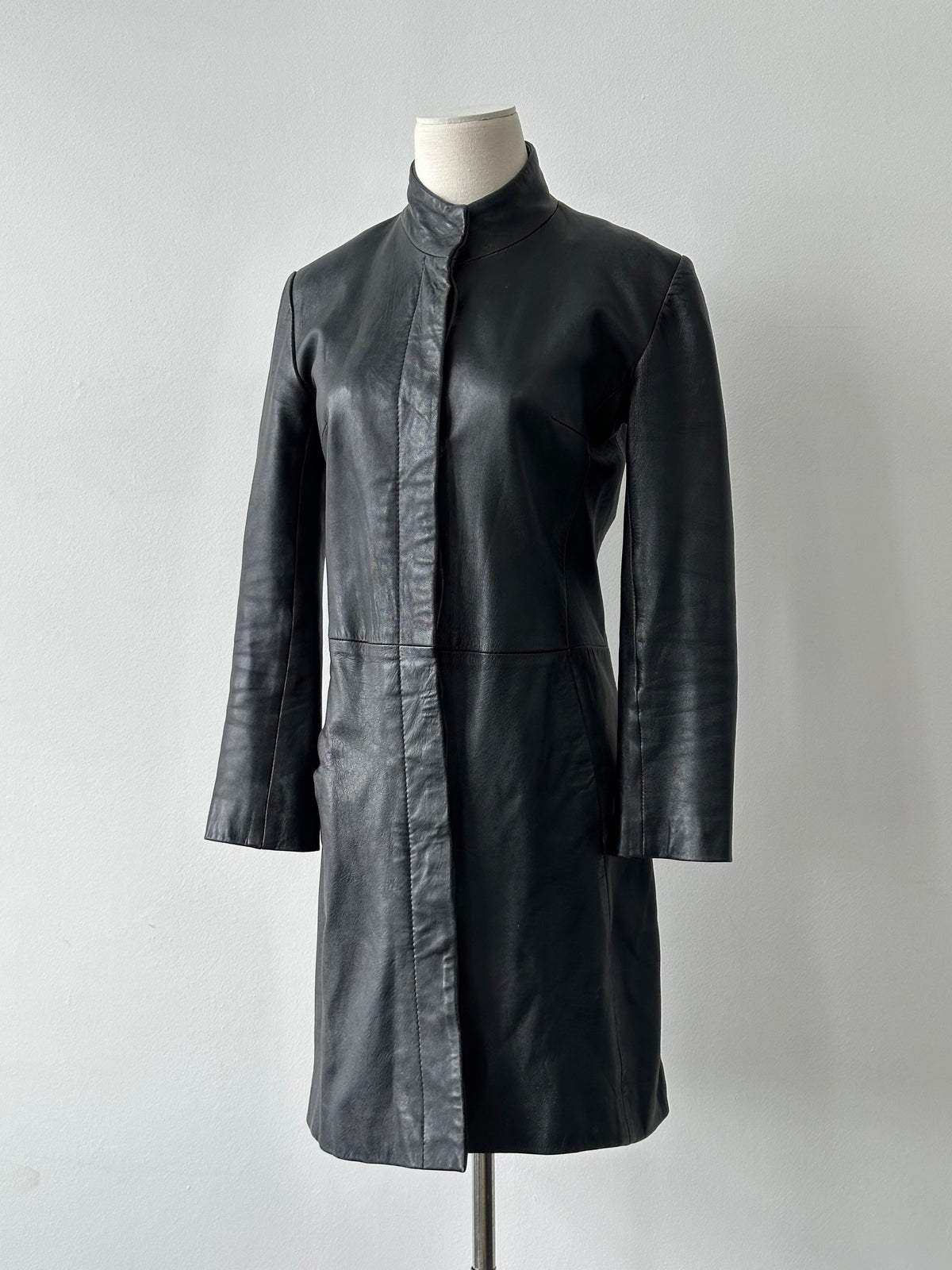 Vintage 1990s High Neck Concealed Placket Leather Trench Coat - XS-S