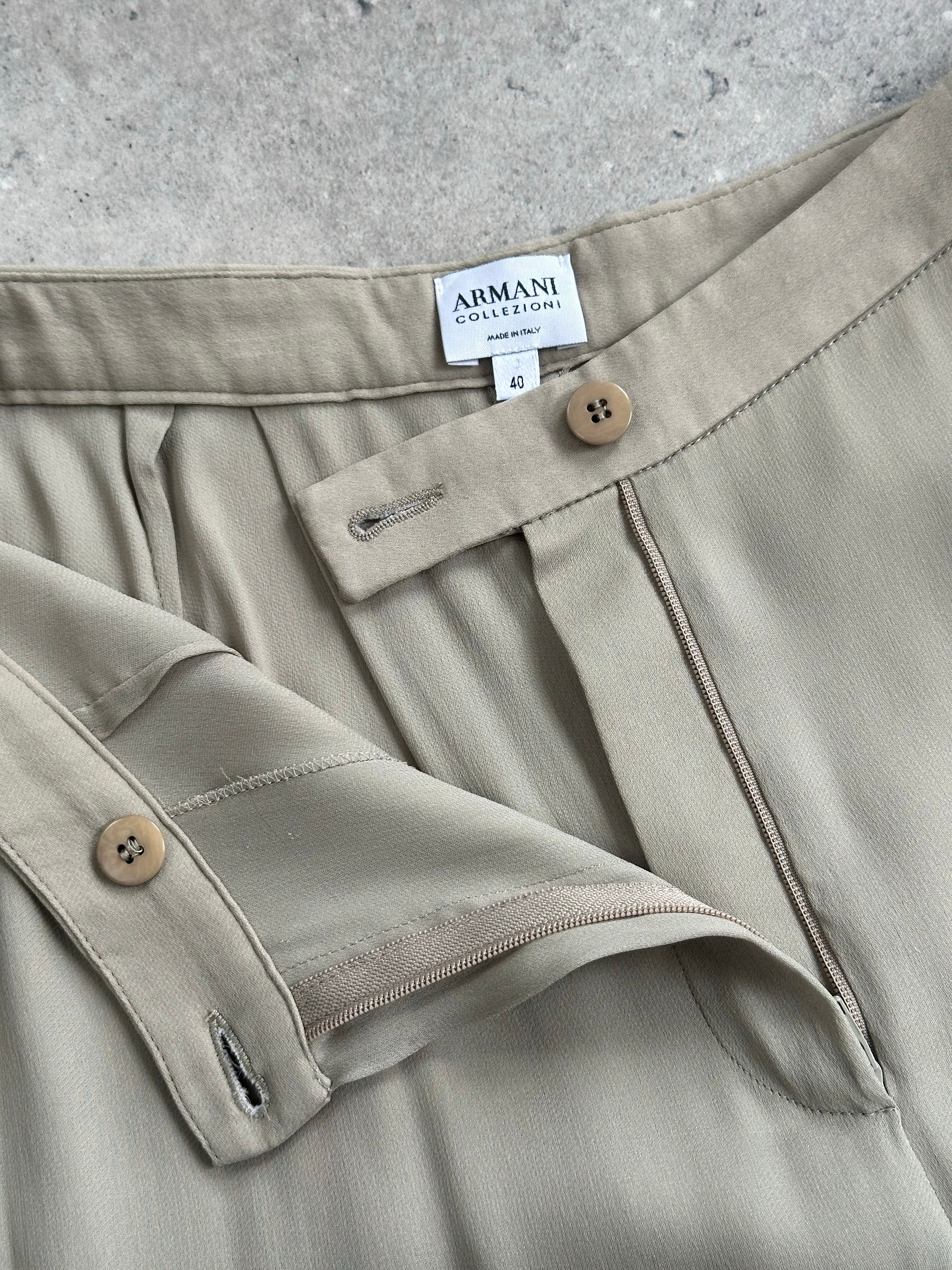 Armani Collezioni 2000s silk wide-leg pleated trousers in size W26, displayed flat with front view and detailed pleats.