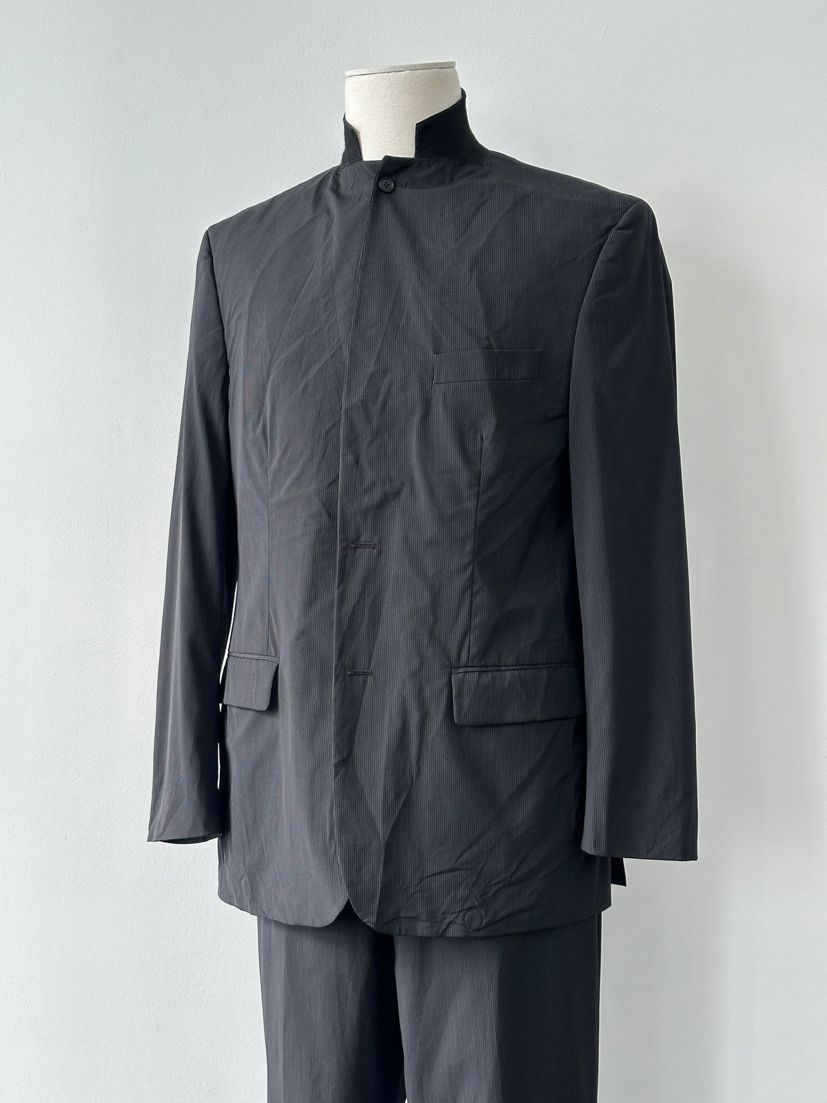 Vintage 2000s Wool Pinstripe High Neck Tailored Suit - 44R/W34