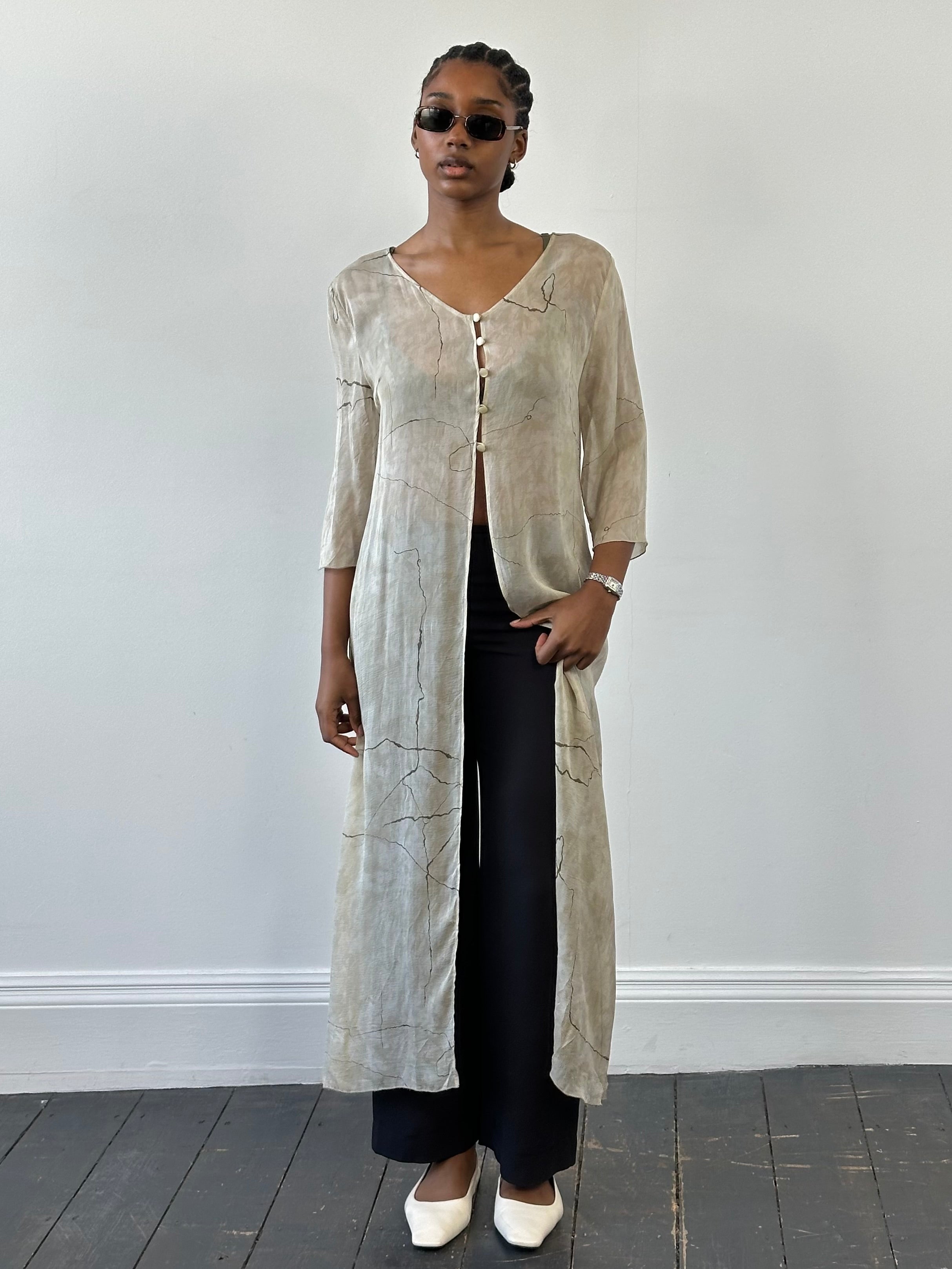 Vintage 1990s pure silk sheer longline cardigan, M size, featuring lightweight, elegant design and classic vintage style.