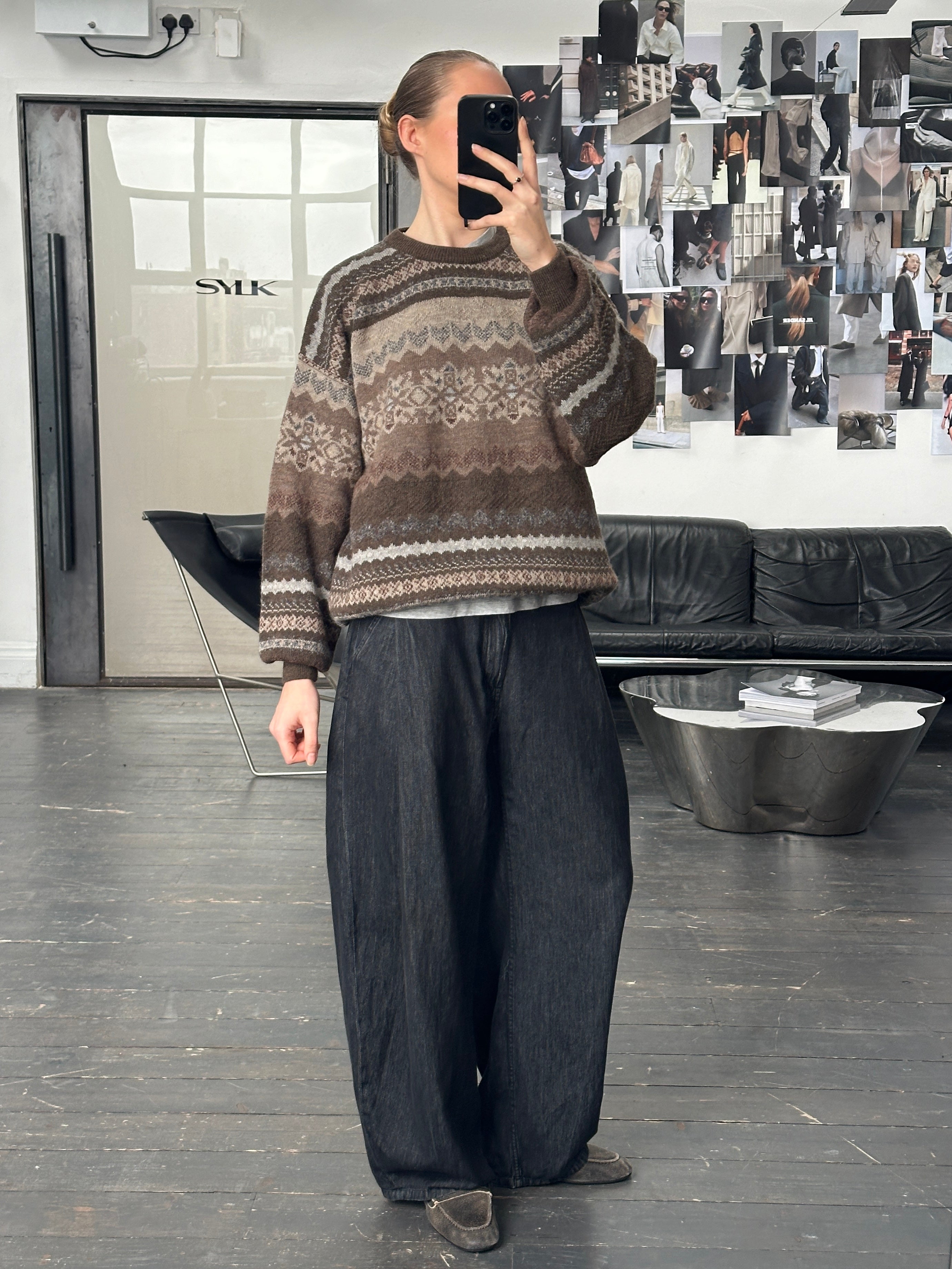 Vintage Italian 1990s wool alpaca patterned knit jumper in XL with colorful geometric designs and cozy texture.