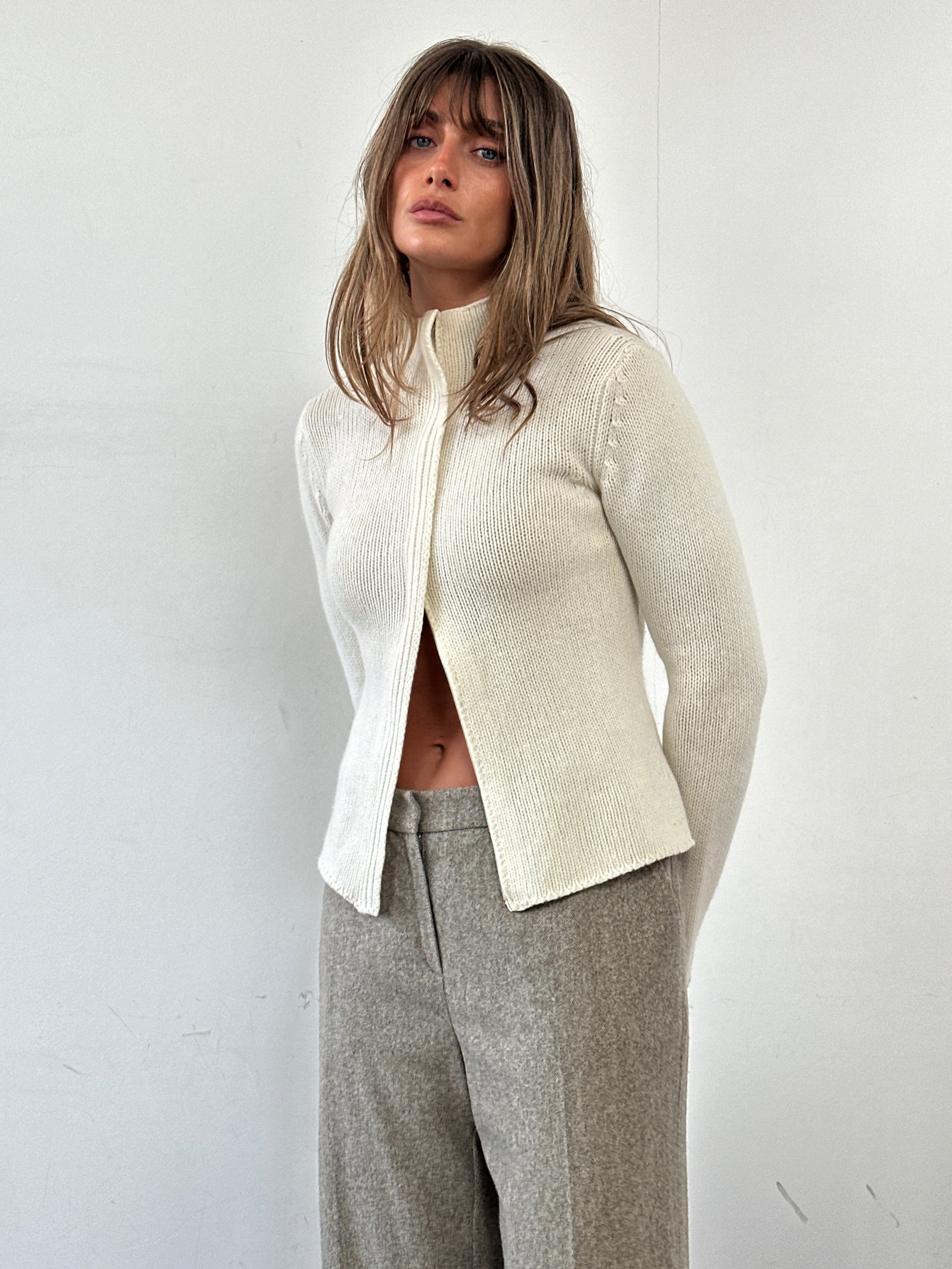 Max Mara S/M wool cashmere knitted cardigan with double zip front, displayed on a hanger.