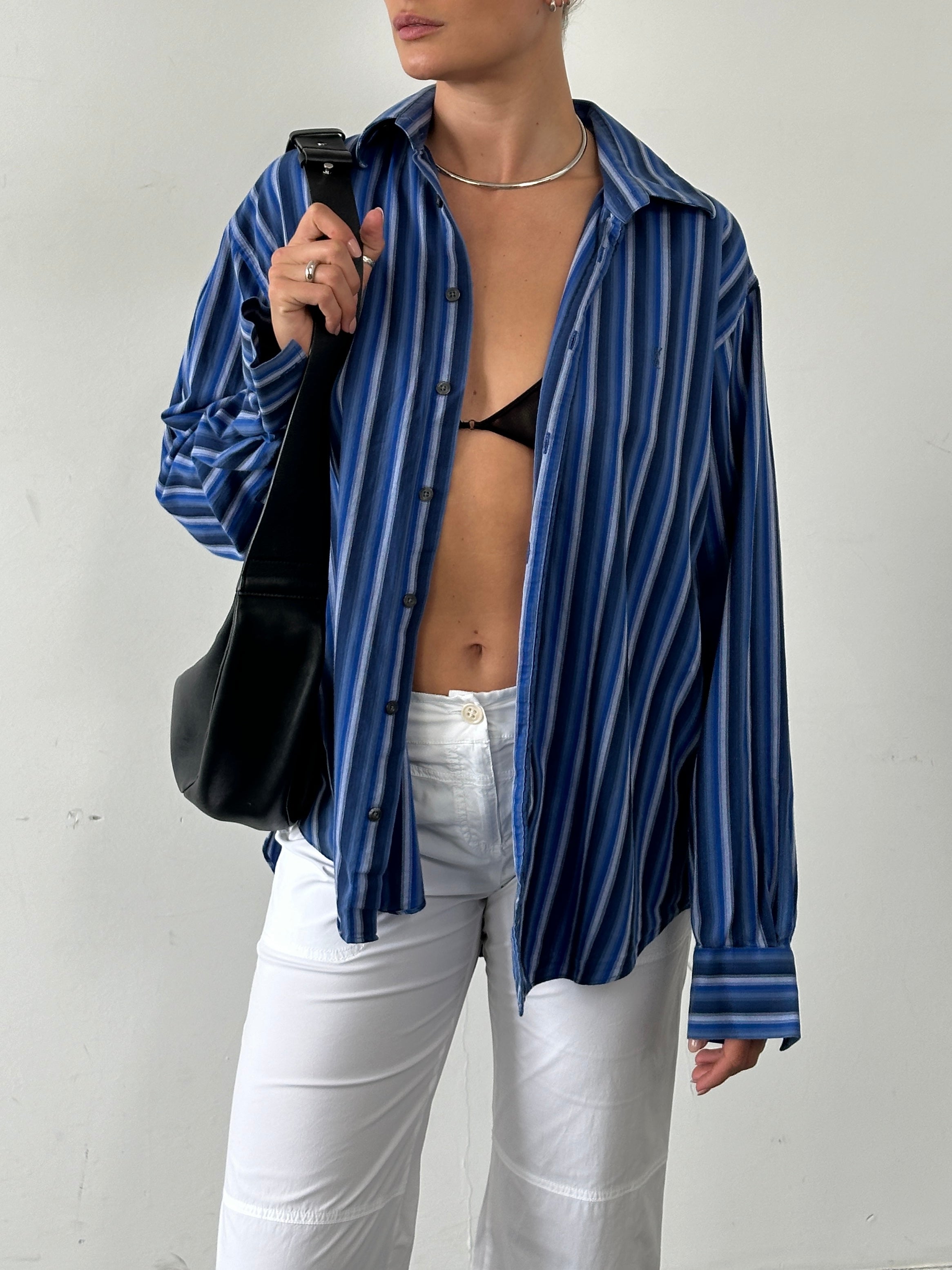 Yves Saint Laurent Pour Homme cotton shirt with blue and white stripes and logo detail, size XL, casual men's clothing.