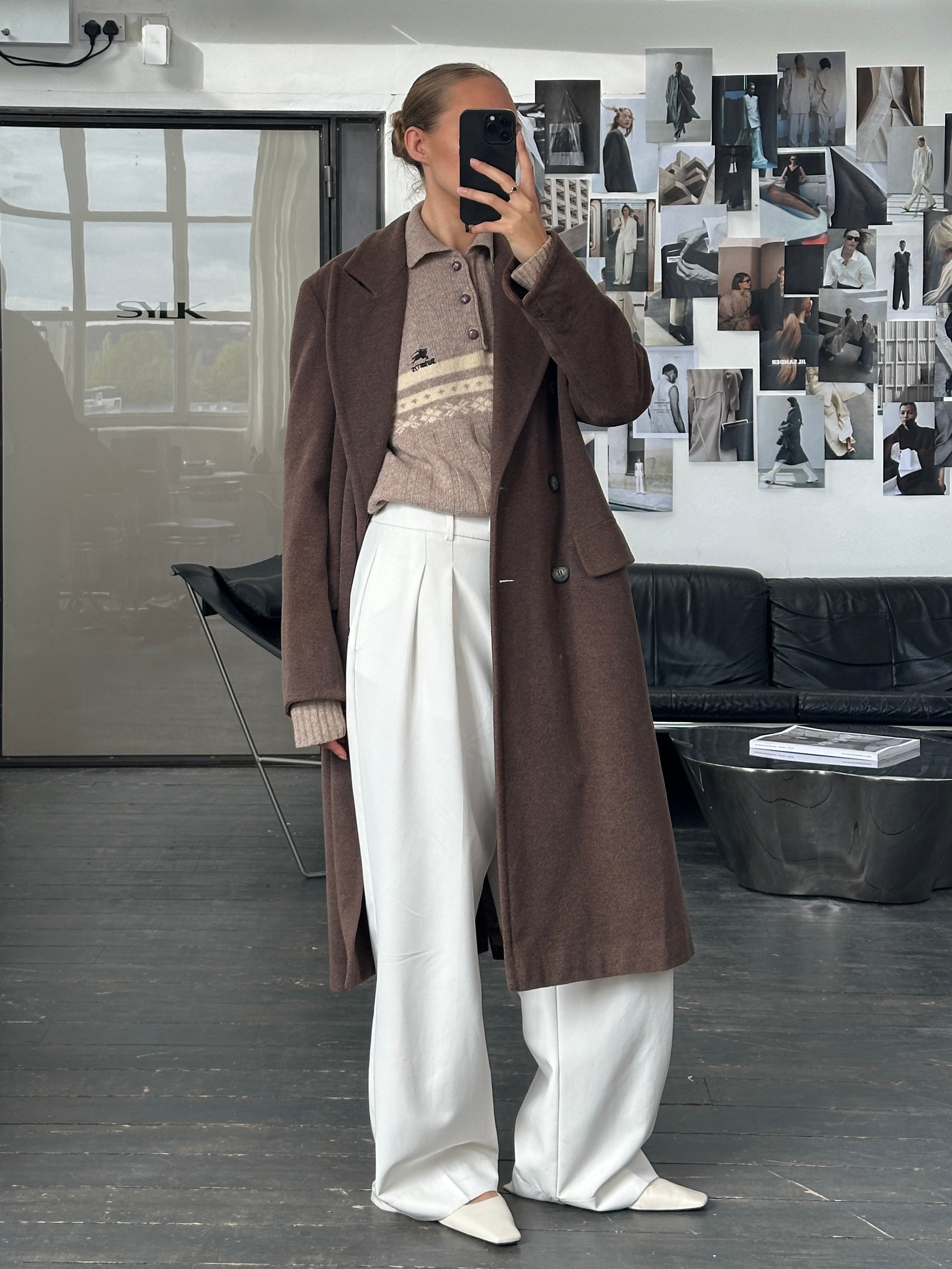 Sportmax 1990s wool double-breasted coat in size M/L, featuring classic tailored design and stylish lapels.