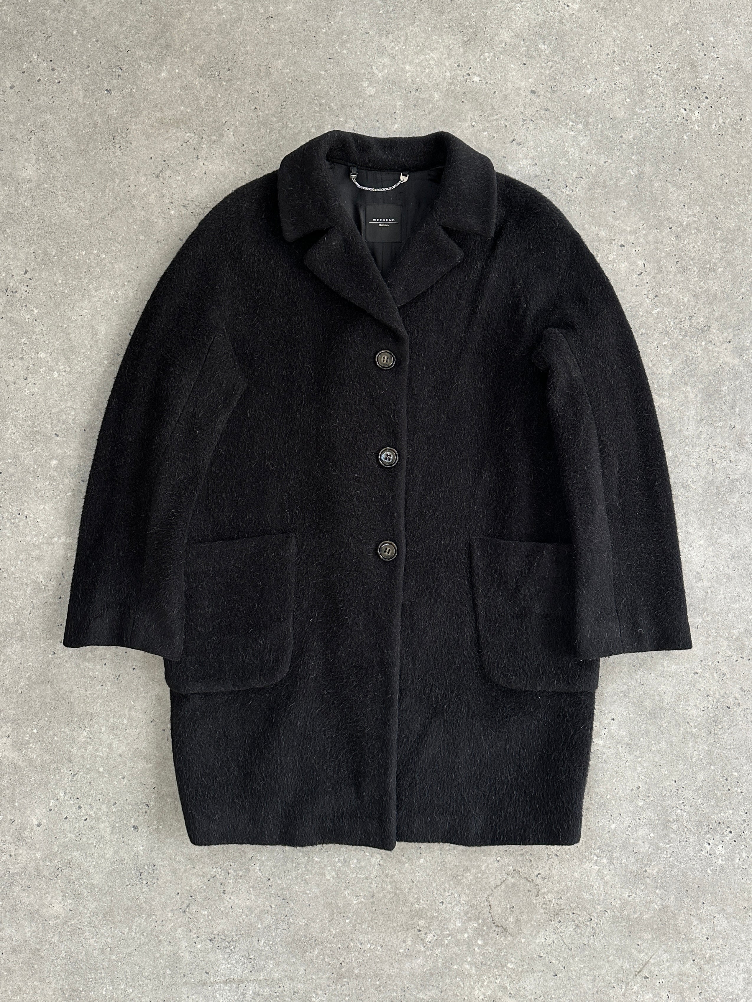 Max Mara Weekend 1990s wool mohair single-breasted coat in size M/L, shown hanging with neutral background.
