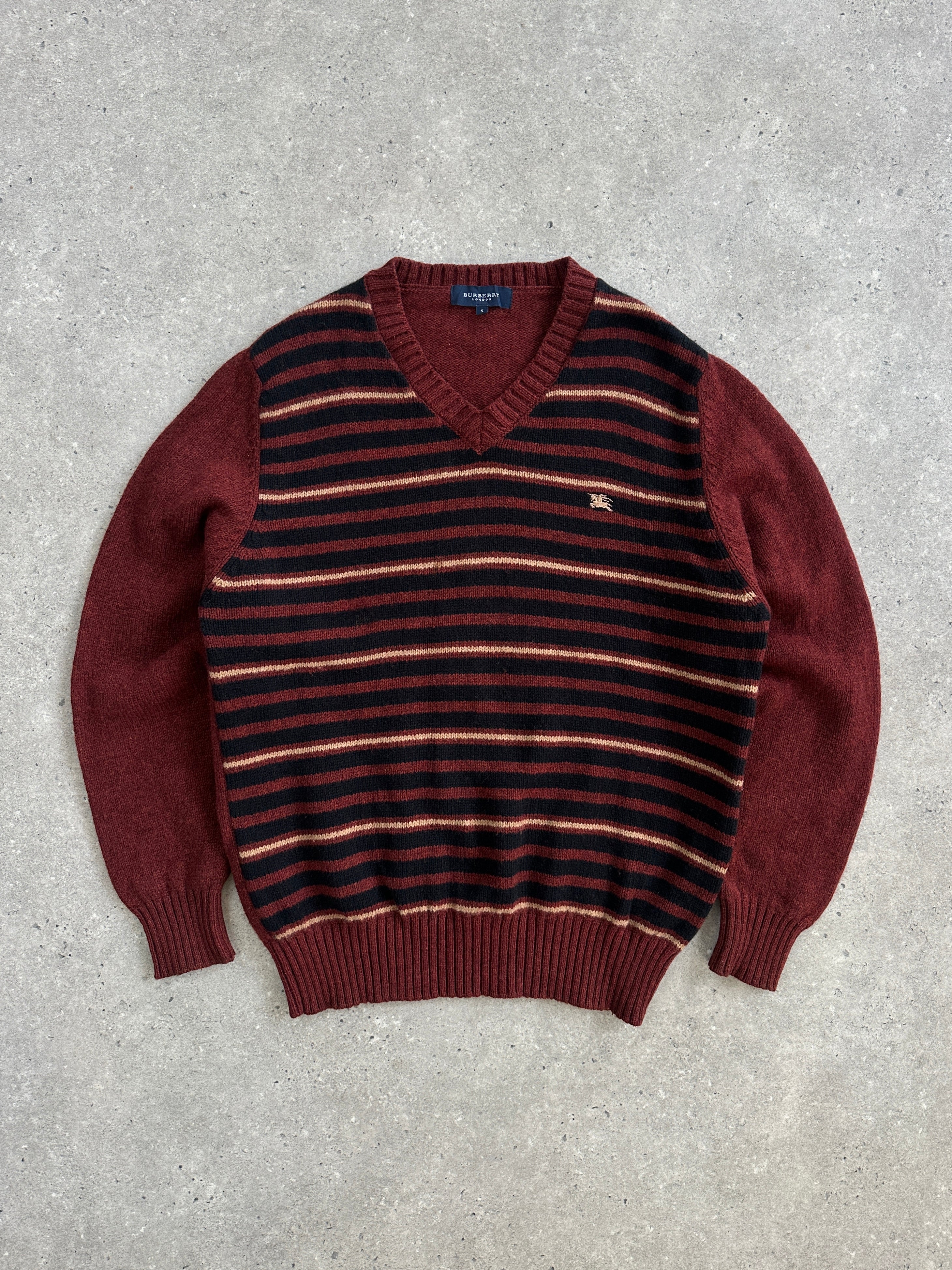 Burberry London 2000s lambswool V-neck striped jumper, men's size M/L, featuring classic Burberry pattern and cozy knit fabric.
