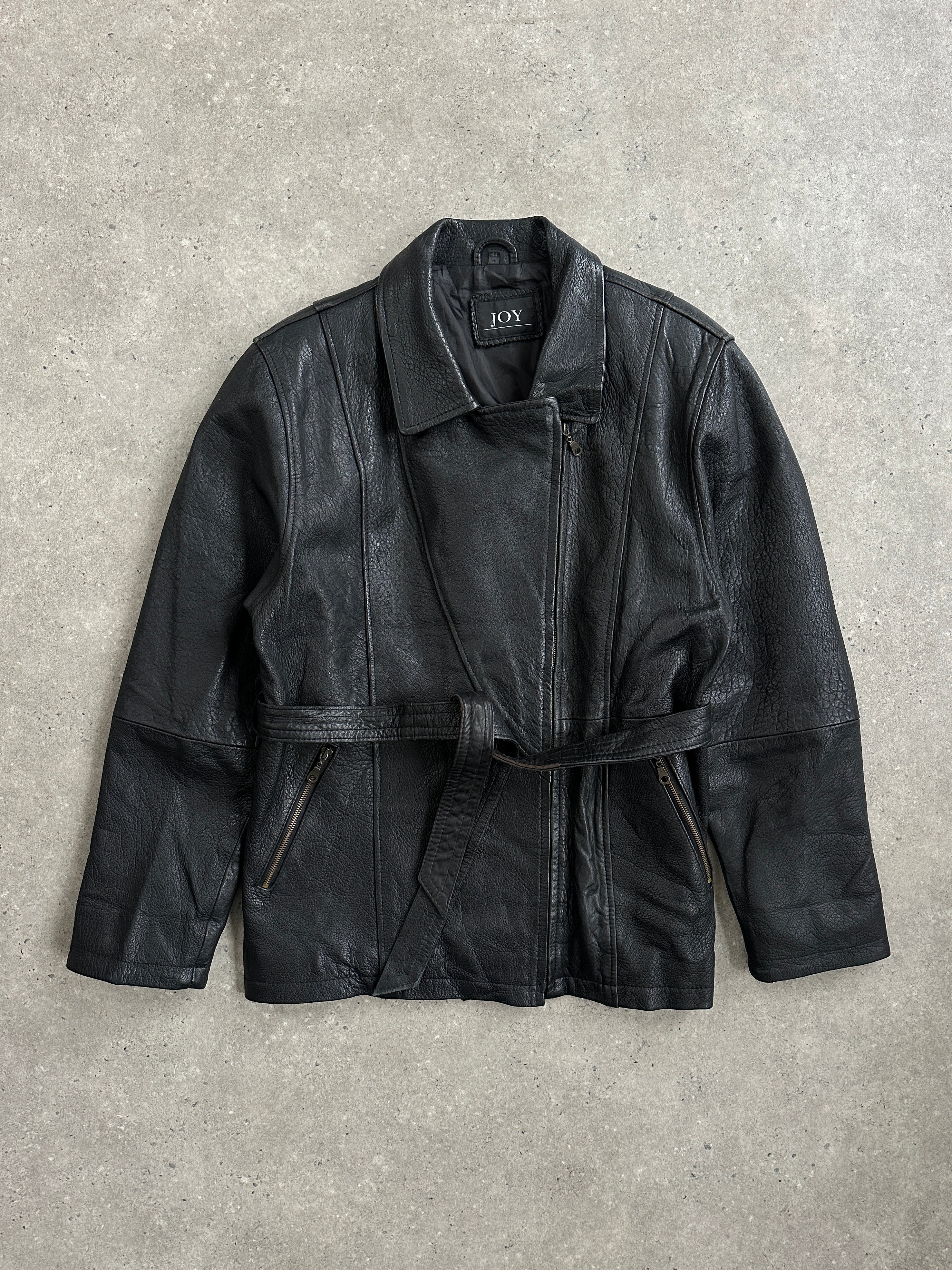 Vintage 1990s Lamb leather belted jacket in XL, featuring classic design and textured leather, displayed on a hanger.