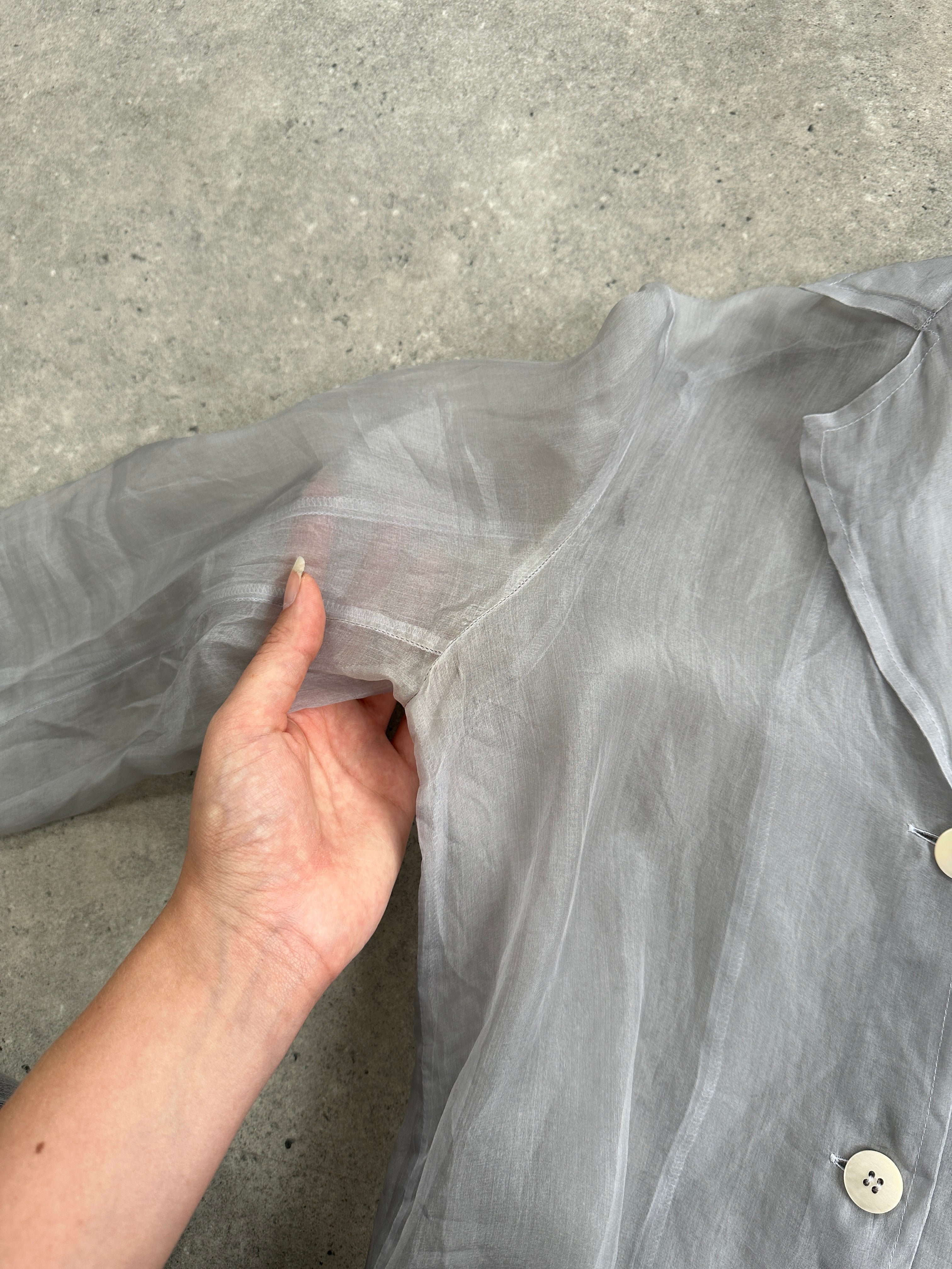 MAX & Co sheer organza shirt in size S, featuring lightweight, transparent fabric with a classic collar and button front.