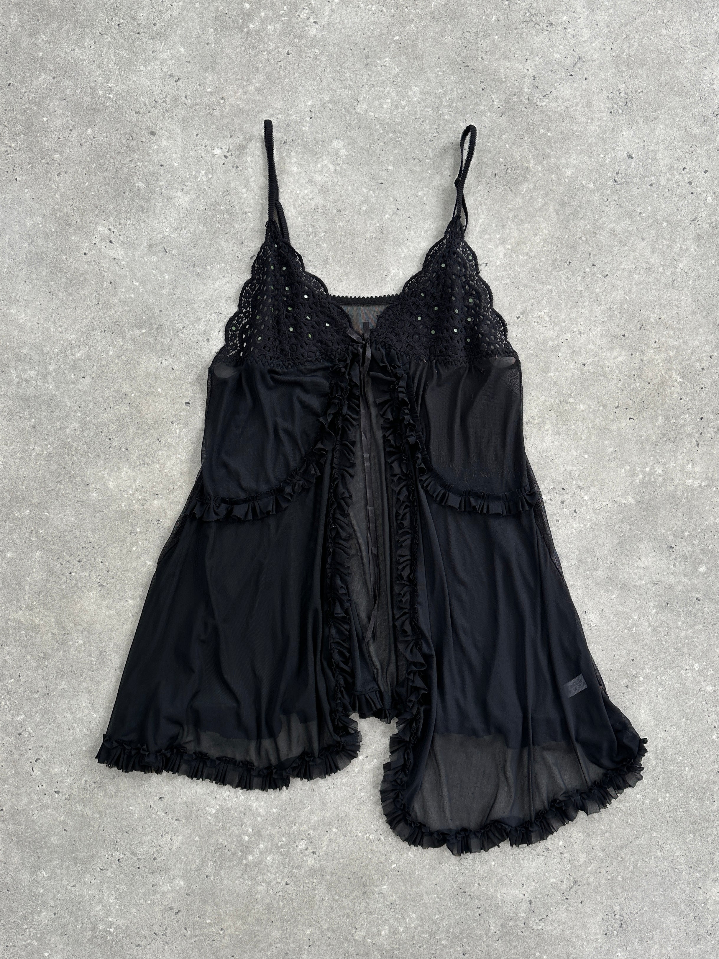 Vintage 2000s lace babydoll top with asymmetric split cami design, available in small to large sizes.
