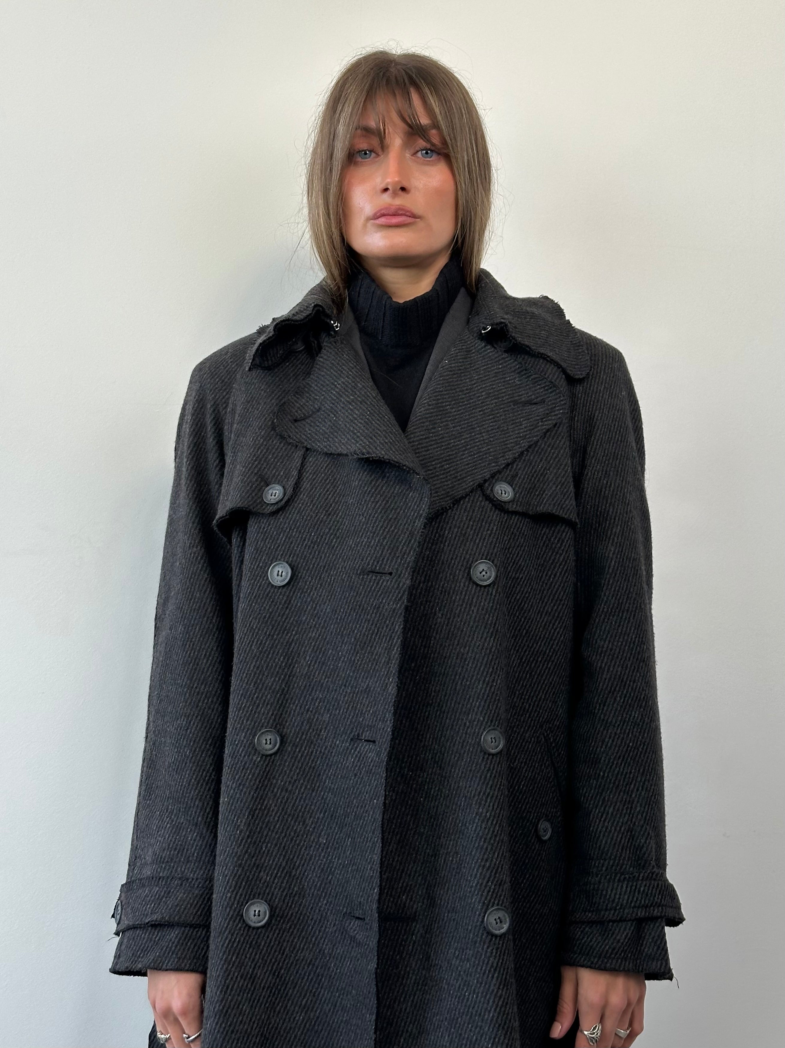 Dolce & Gabbana 2000s wool double-breasted belted coat in size L, featuring classic design and tailored fit.