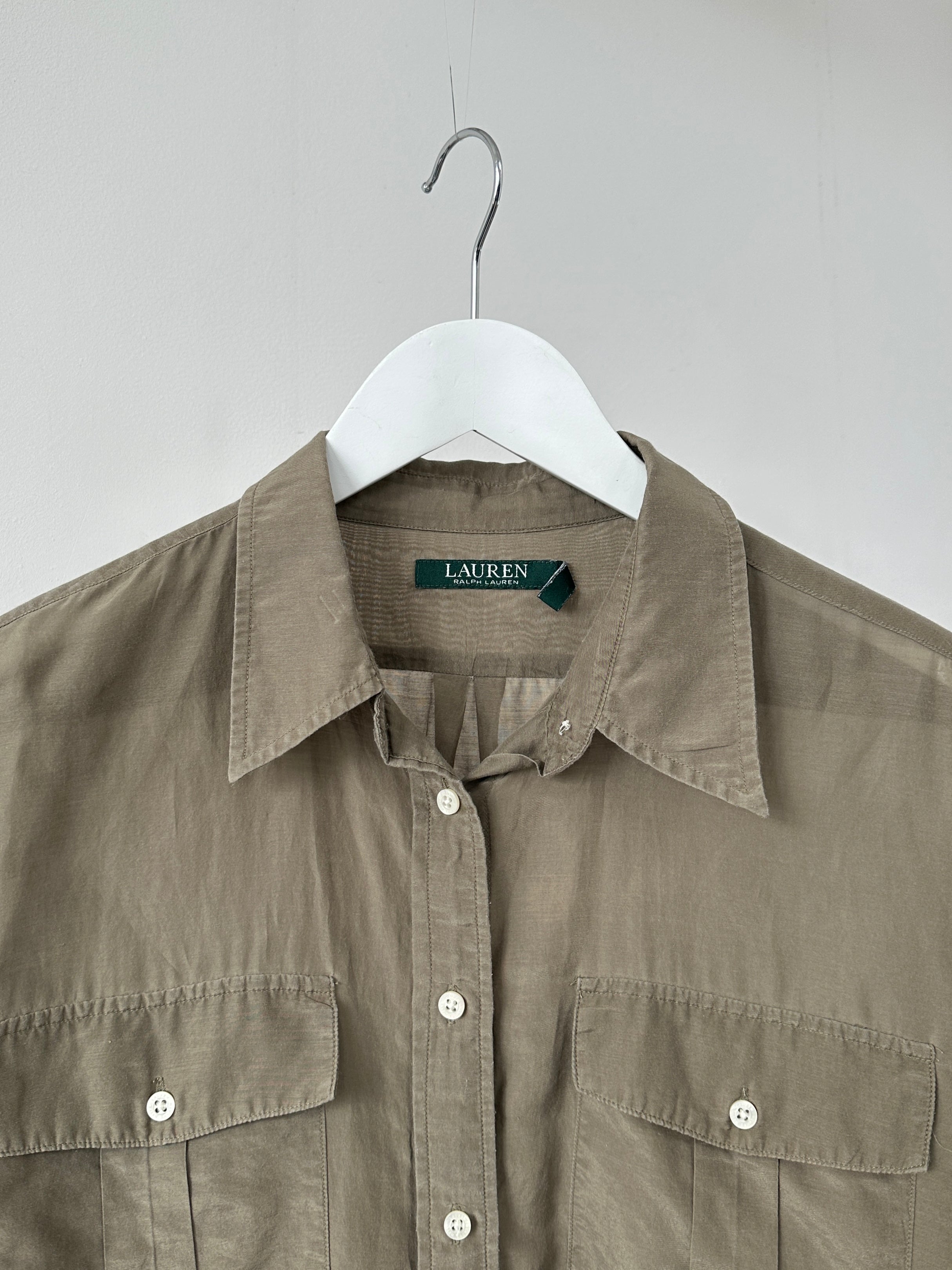 Ralph Lauren silk cotton semi-sheer lightweight shirt in size L, featuring a classic design with a soft, breathable fabric.
