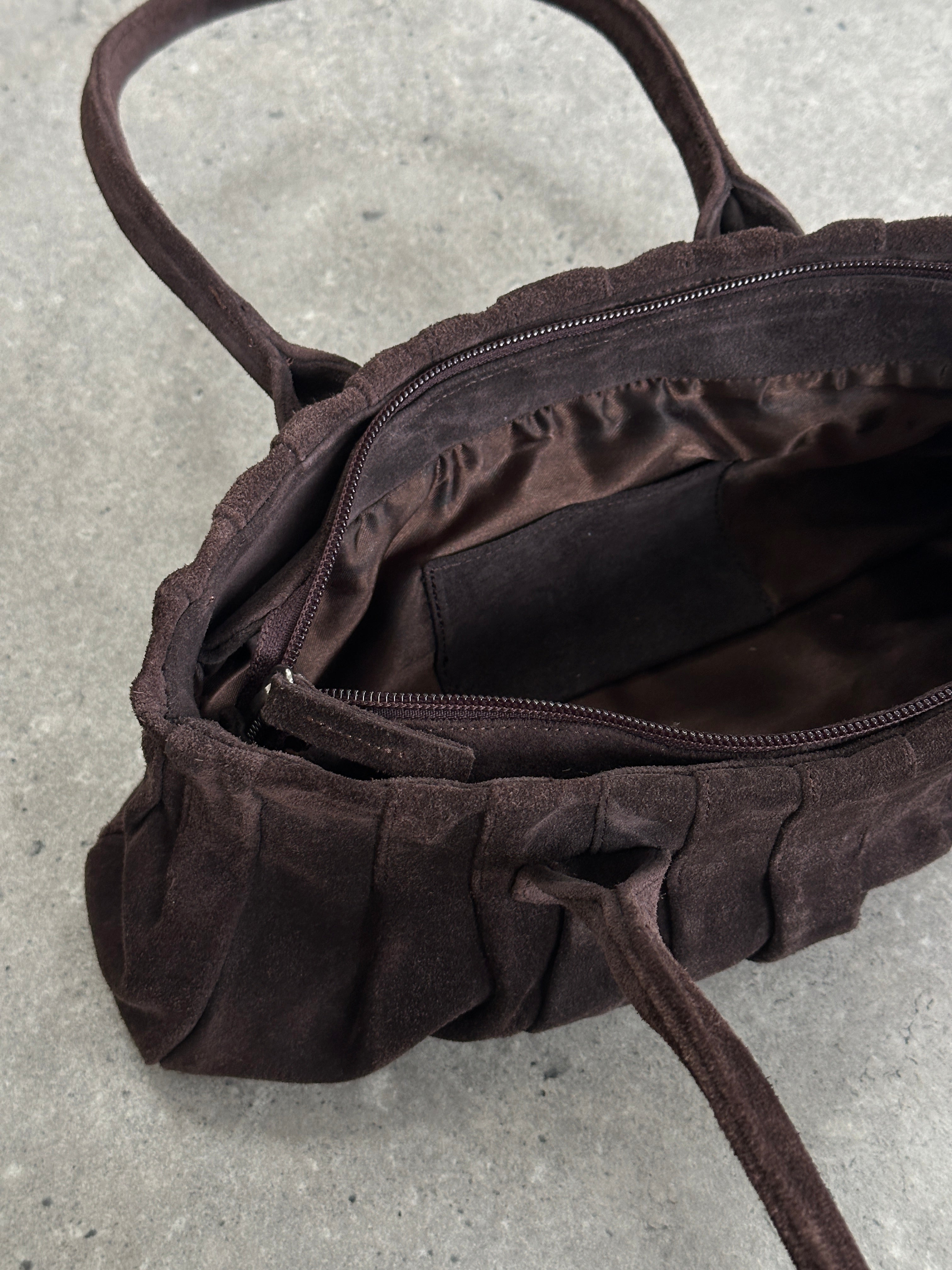 Abro Italian suede leather ruched shoulder bag with a soft, textured surface and stylish design, featuring a shoulder strap and ruched detailing.